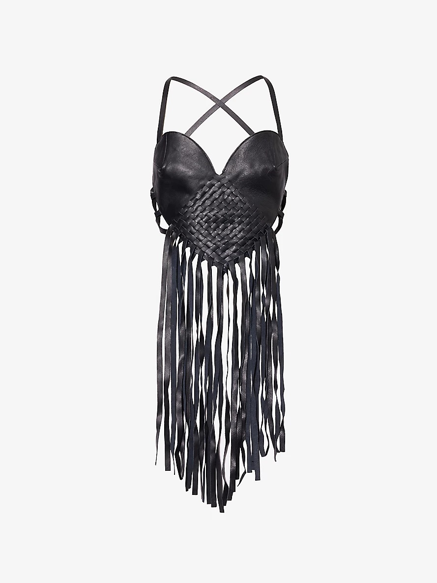 Fringed-trim sweetheart-neckline leather top - 1