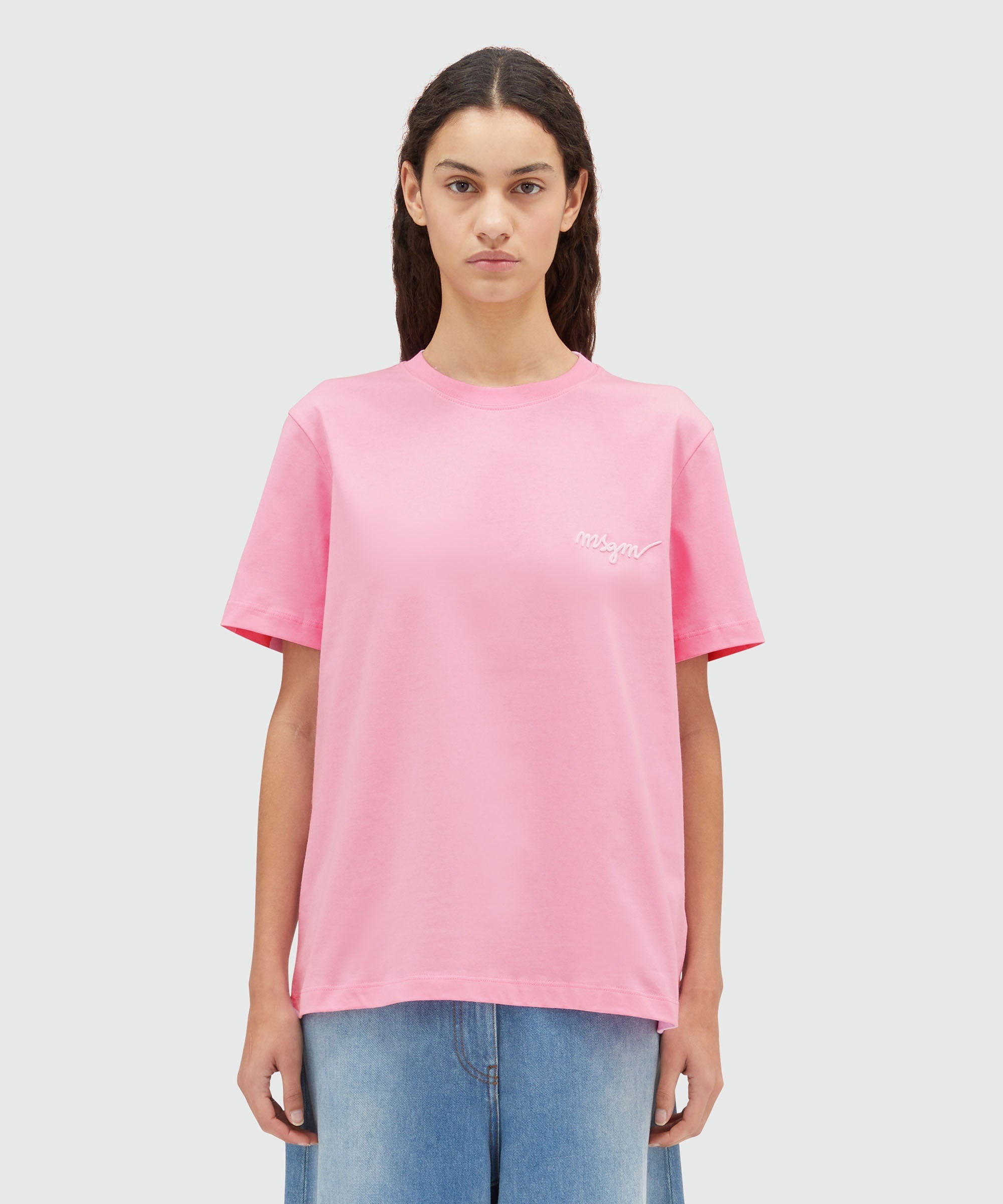 Pink jersey T-shirt with embroidered cursive logo - 2