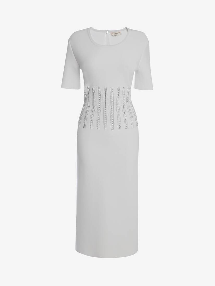Engineered Jacquard Knit Pencil Dress in Optic White/black - 1