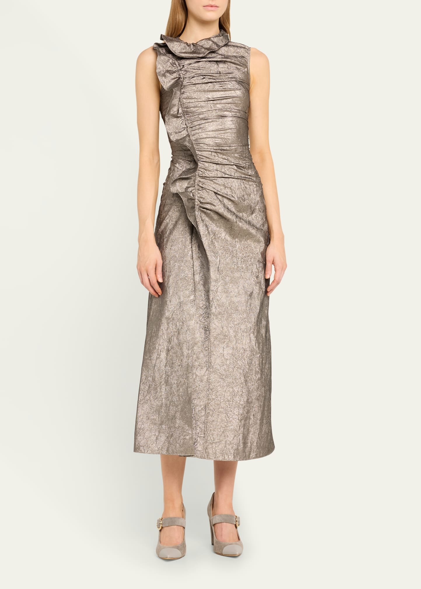 Demetra Metallic Ruffle Sleeveless Midi Dress - 4