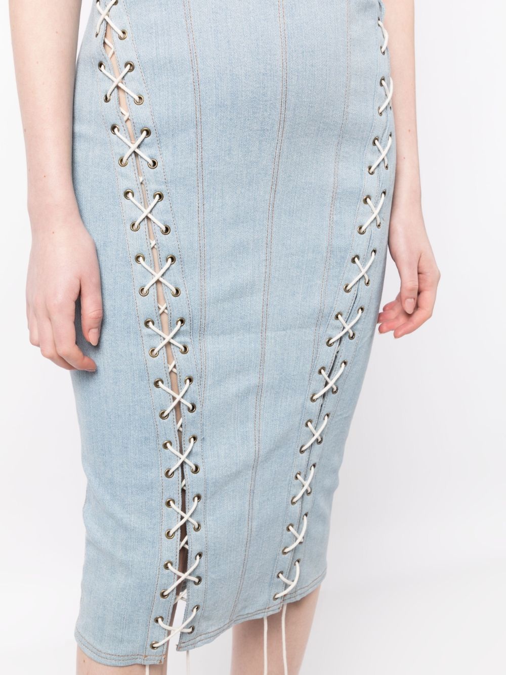lace-up washed denim fitted dress - 5
