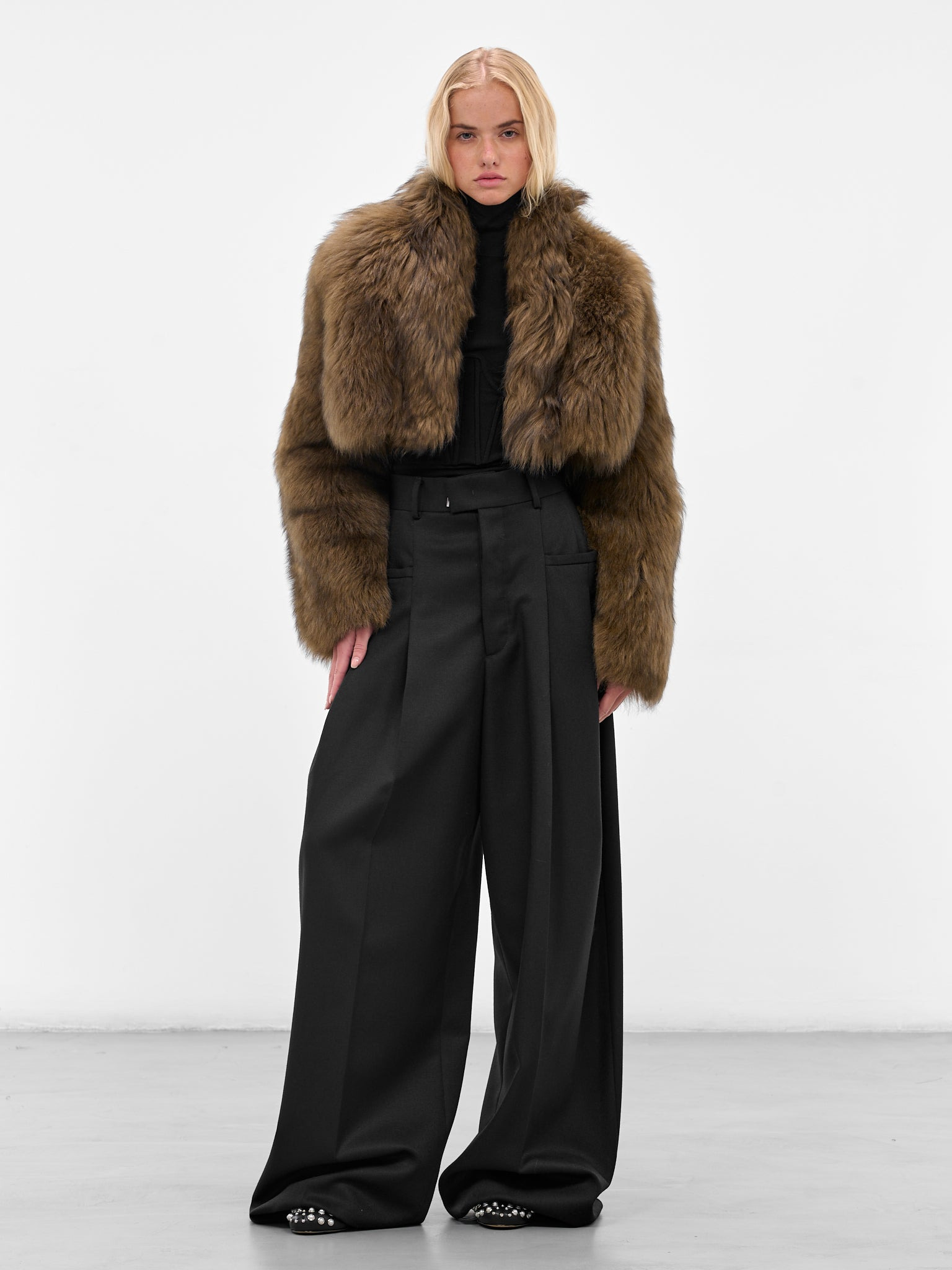 Black Wool Wide Leg Trousers - 6
