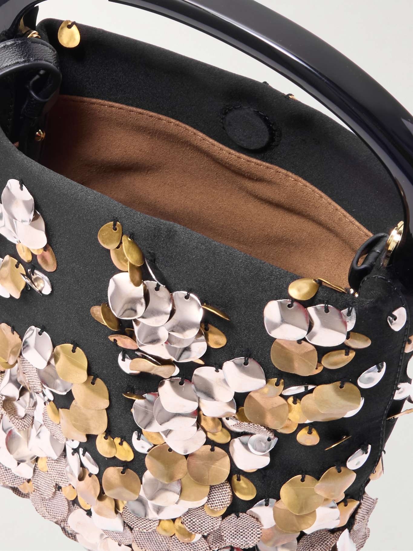 Leather-trimmed embellished satin shoulder bag Black - 5