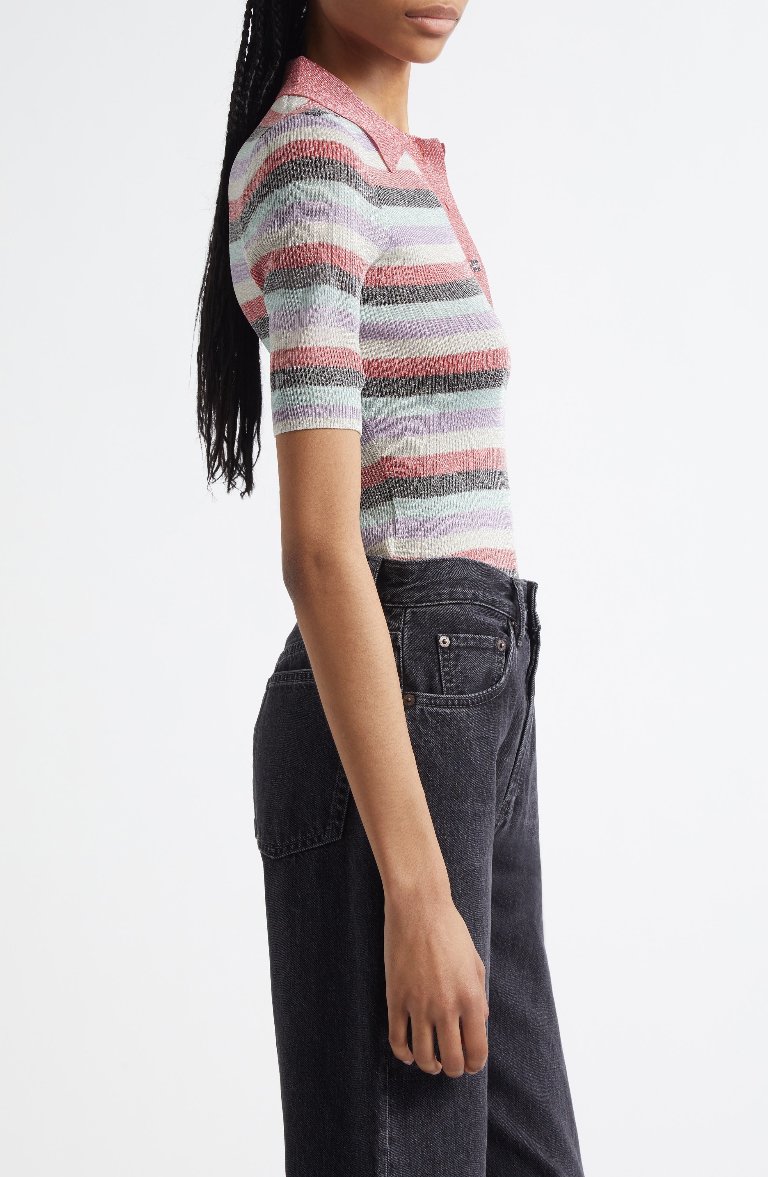 Ganni Sparkle Rib Stripe Polo in Multicolor at Nordstrom - 3