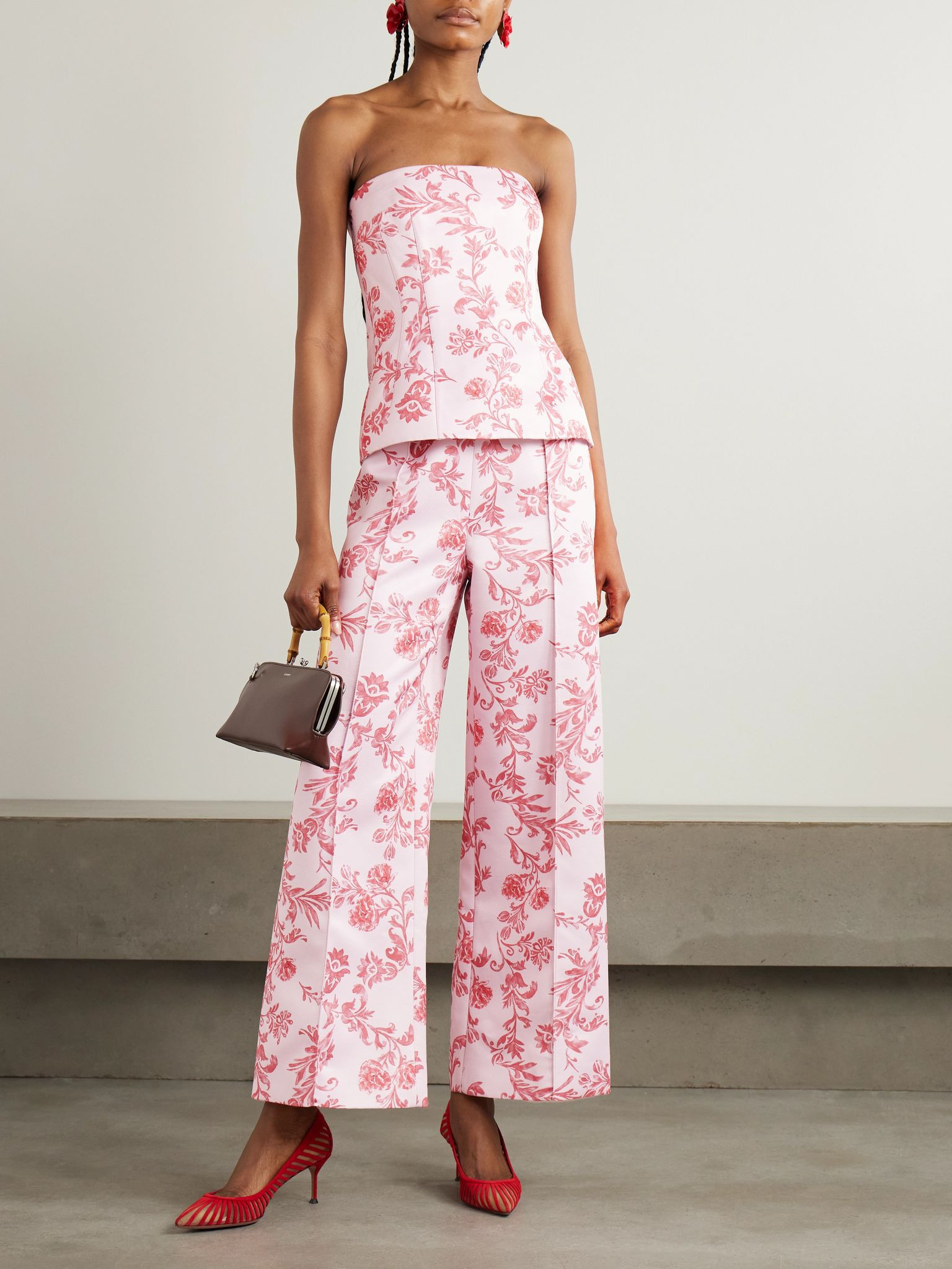 Kerina strapless floral-print faille bustier top Pink - 2