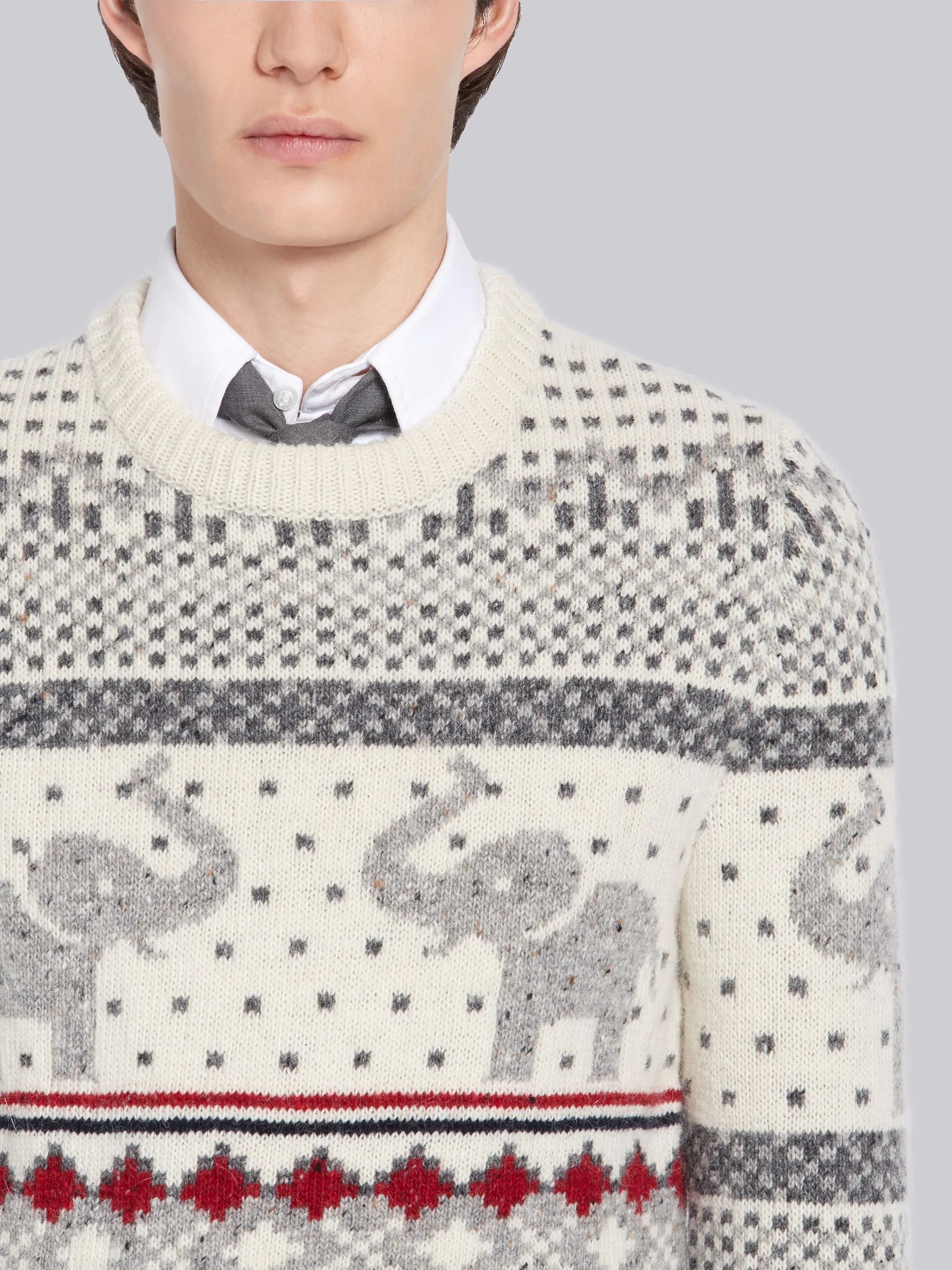 White Mohair Wool Elephant Icon Fair Isle Crewneck Pullover - 5