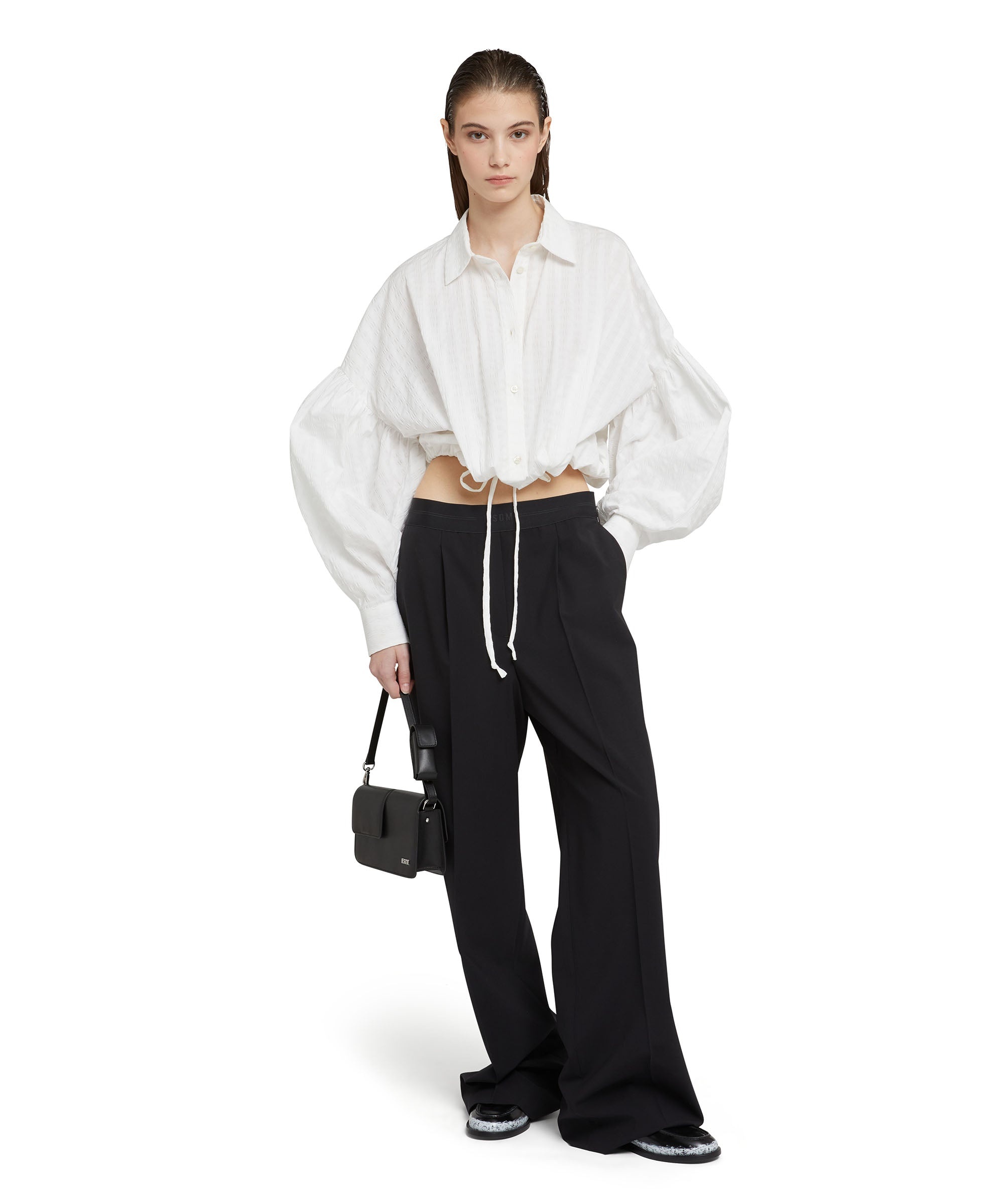 Poplin seersucker crop shirt with puffed sleeves - 5