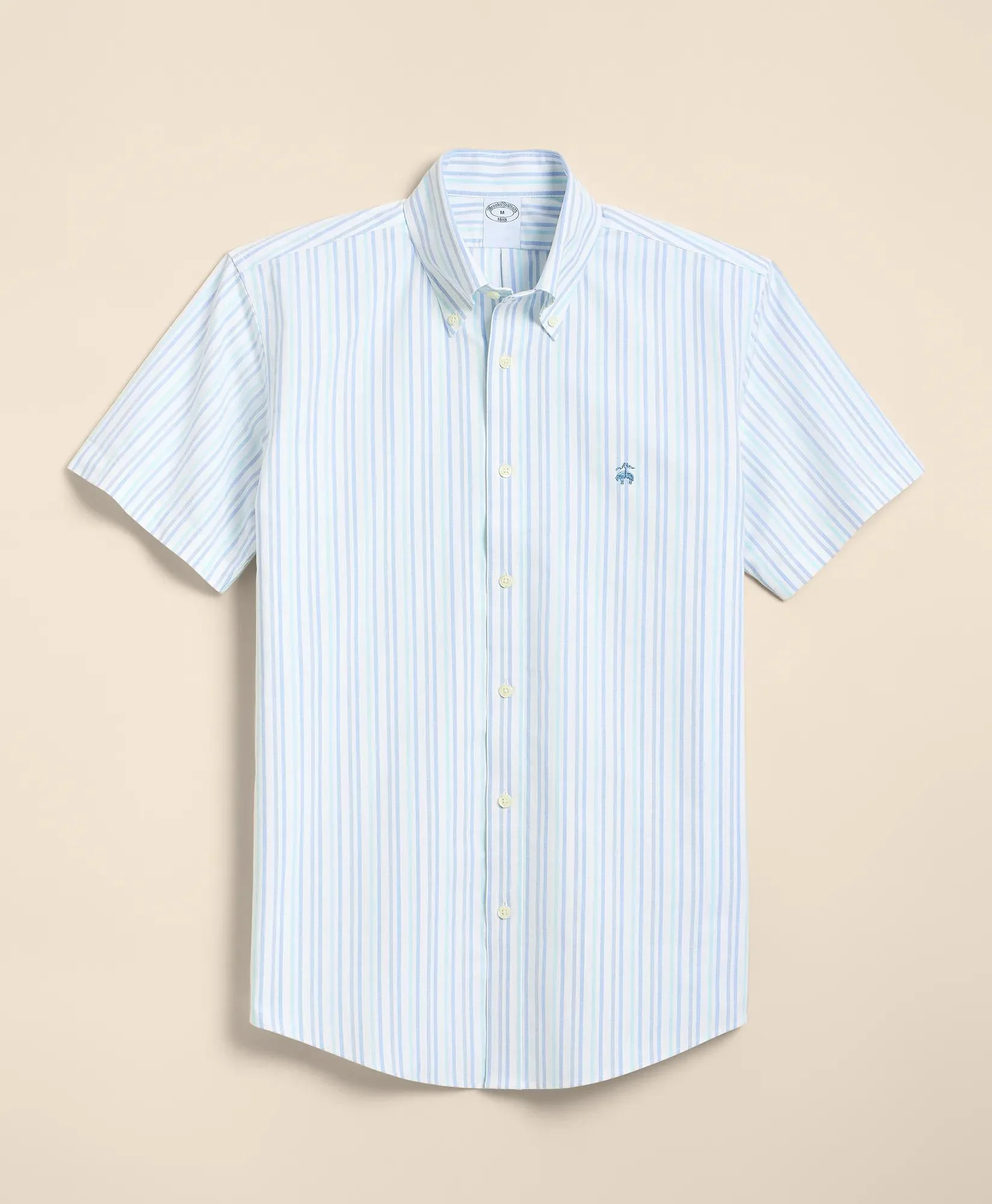 Stretch Non-Iron Cotton-Oxford Polo Button-Down, Short-Sleeve Check Striped Sport Shirt - 1