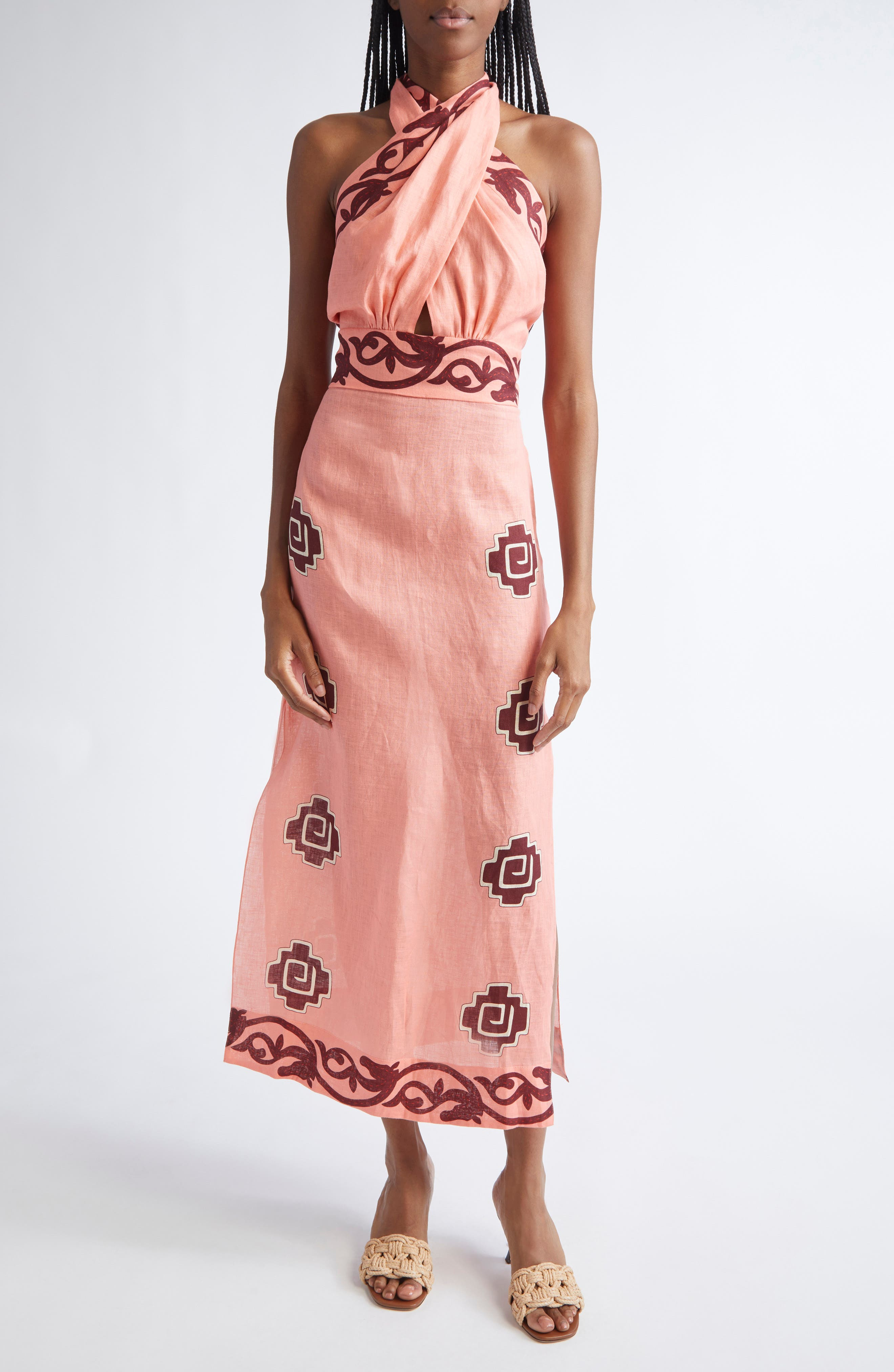 Johanna Ortiz Energetic Patterns Linen Halter Dress in Pink /Wine/Red at Nordstrom - 1