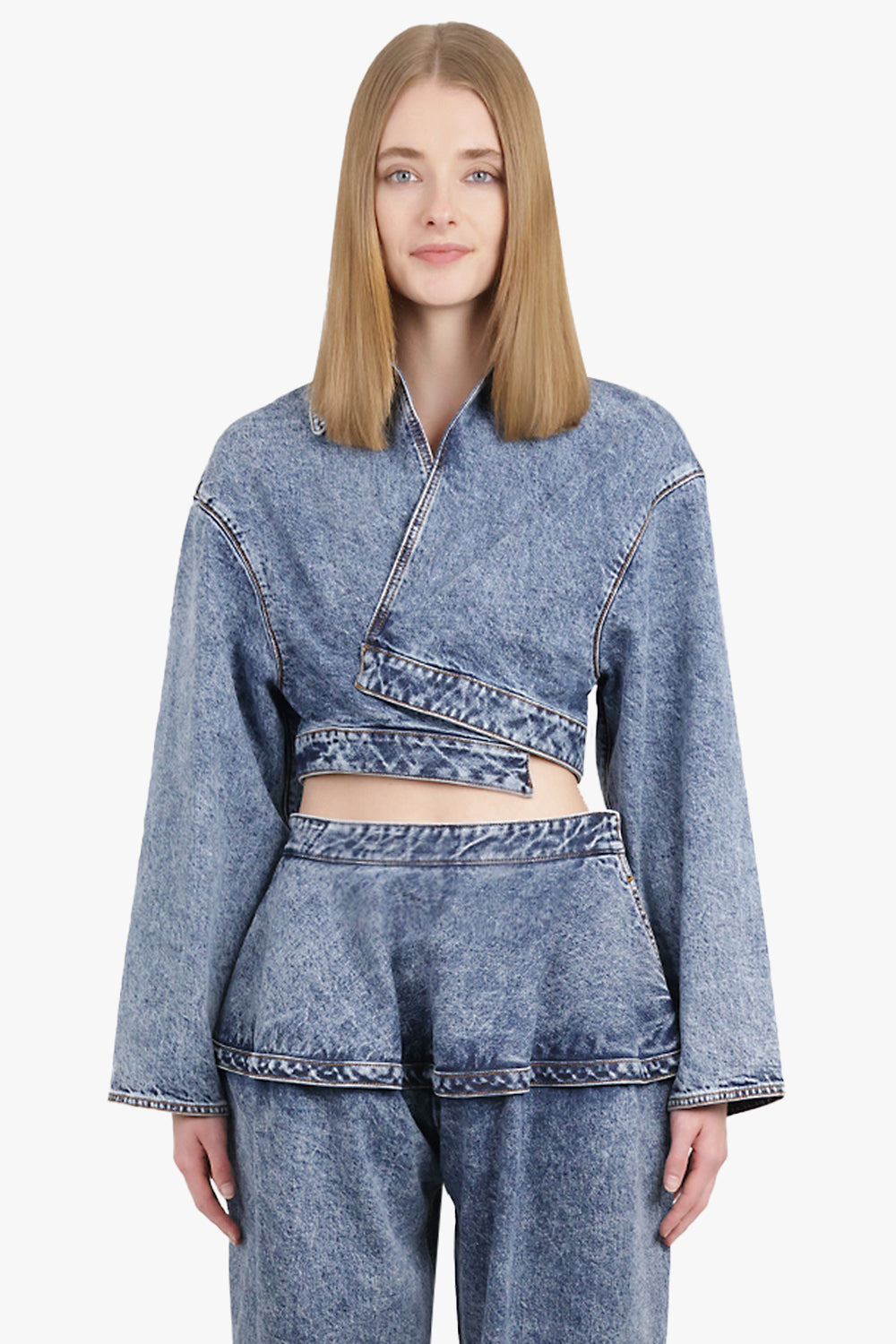SPIRAL WRAP CROPPED L/S DENIM JACKET | SNOW BLUE - 3