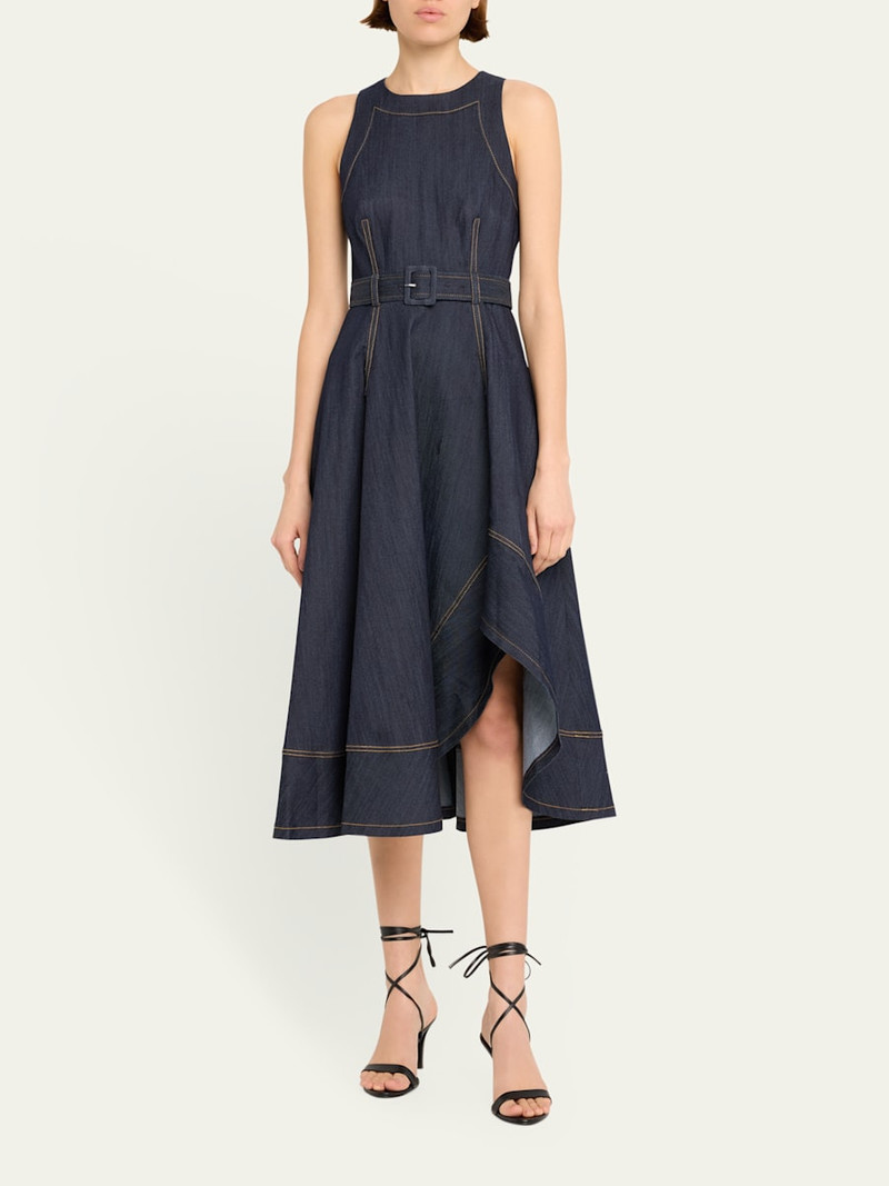 Cinq à Sept Zelda Belted Asymmetric Sleeveless Denim Midi Dress outlook