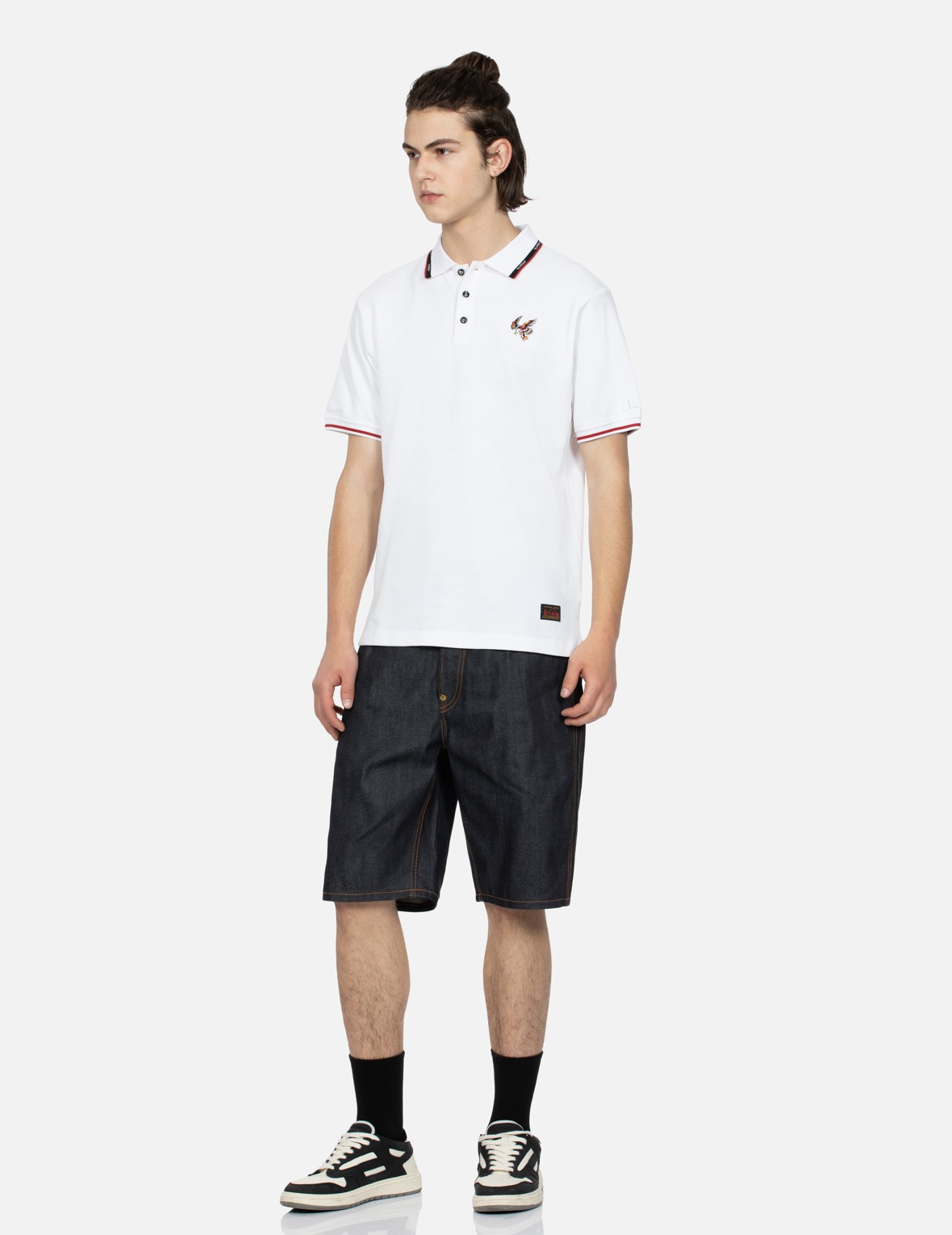 BROCADE SEAGULL AND KAMON APPLIQUÉ DENIM SHORTS - 4