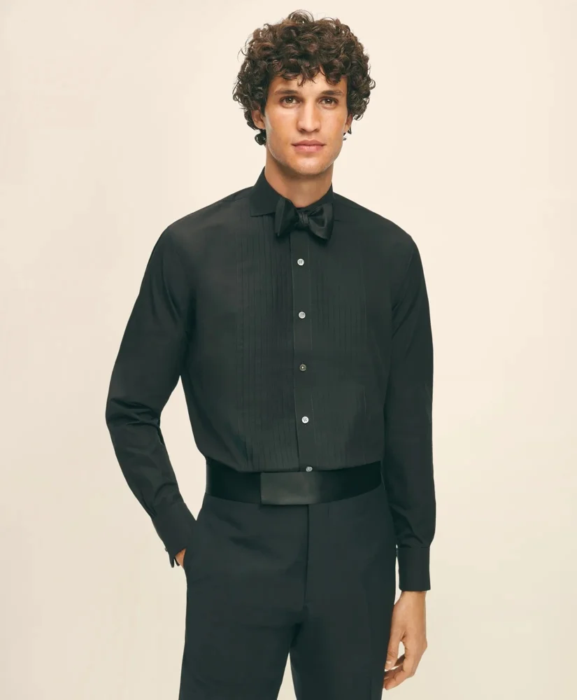 Black Fleece Pleated Londoner Collar Tuxedo Shirt in Sea Island Cotton - 1
