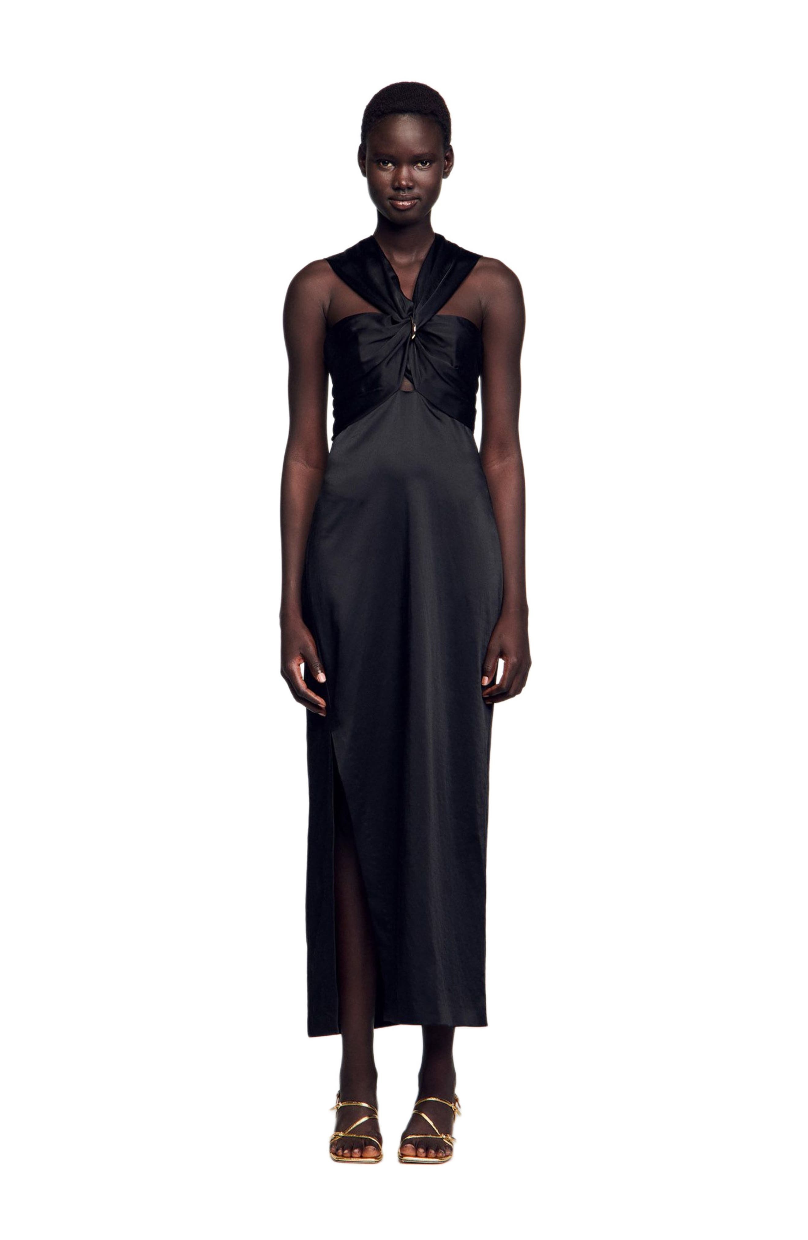 SANDRO Slit satin-effect maxi dress in Black at Nordstrom - 1