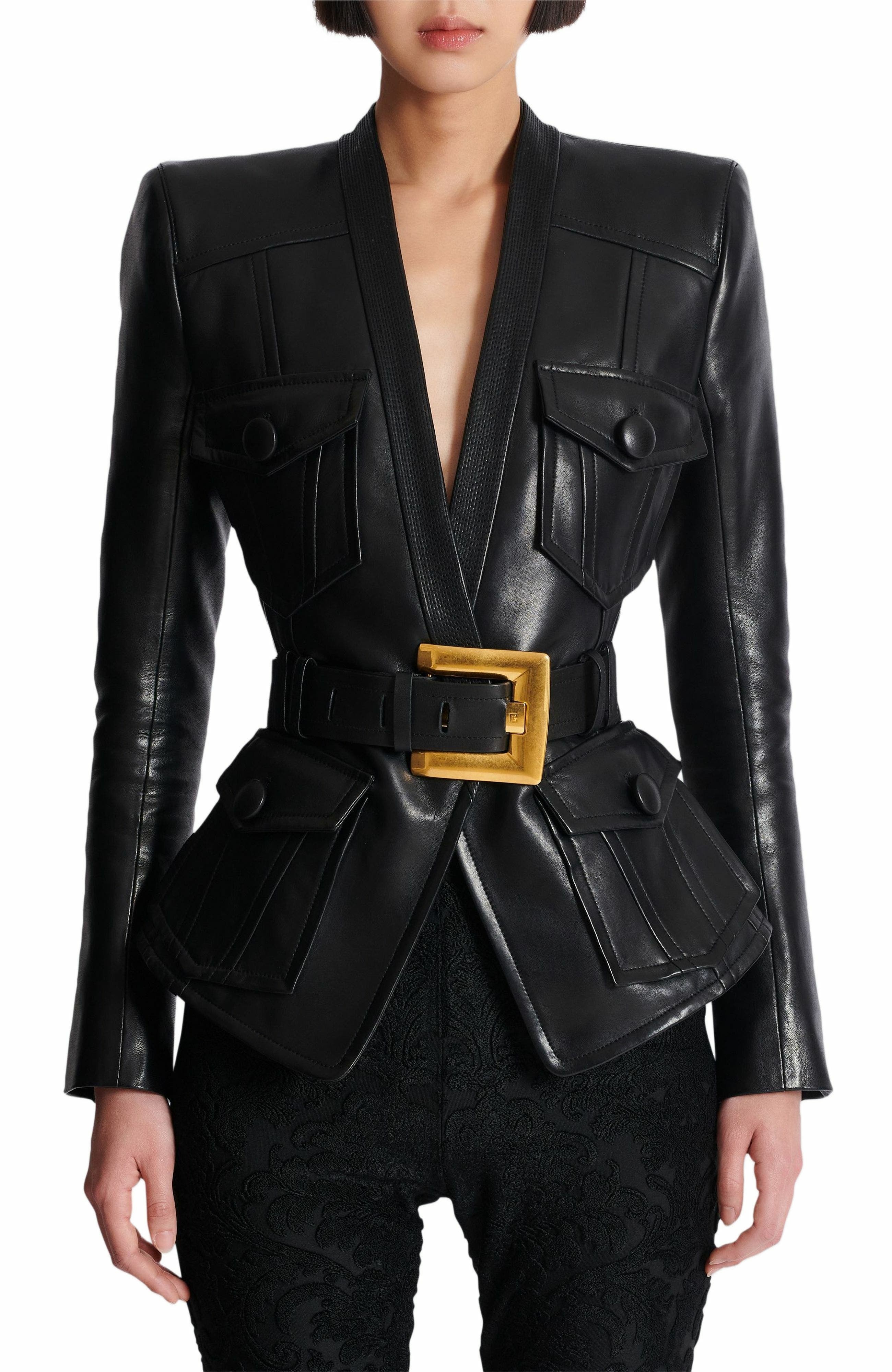 Balmain 1-button belted leather jacket in Black at Nordstrom - 7
