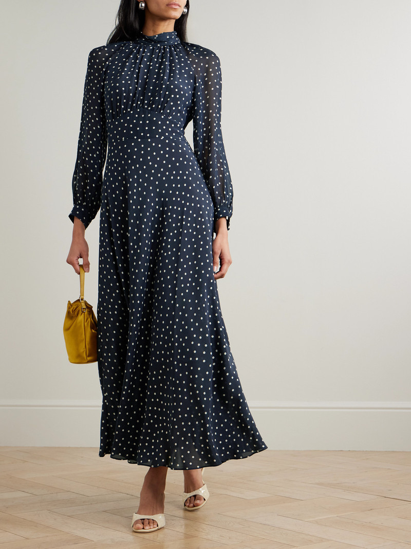 RIXO Paige Belted Polka-dot Silk-chiffon Mock-neck Midi Dress outlook