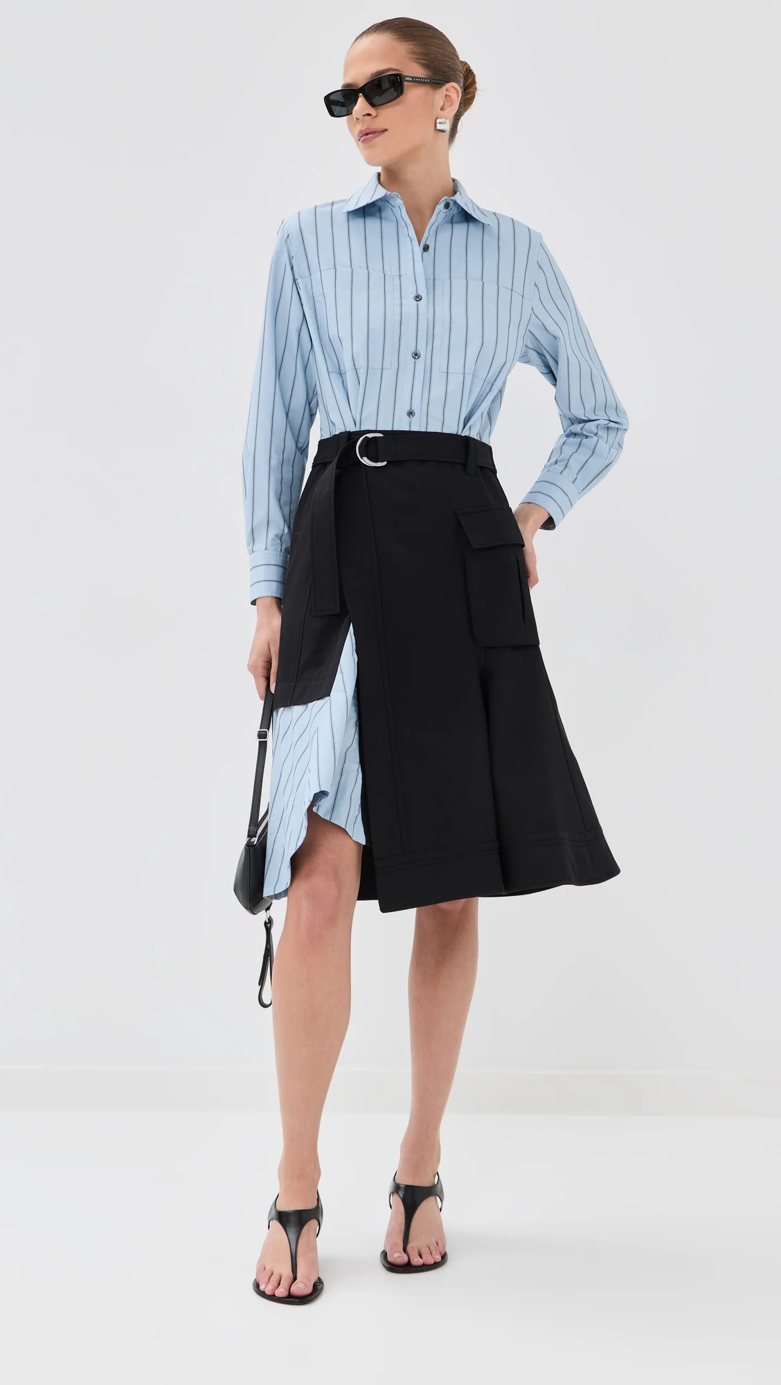Flounce Skirt Long Sleeve Combo Shirt Dress - 1