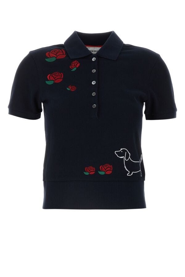 Thom Browne Woman Navy Blue Piquet Polo Shirt - 1