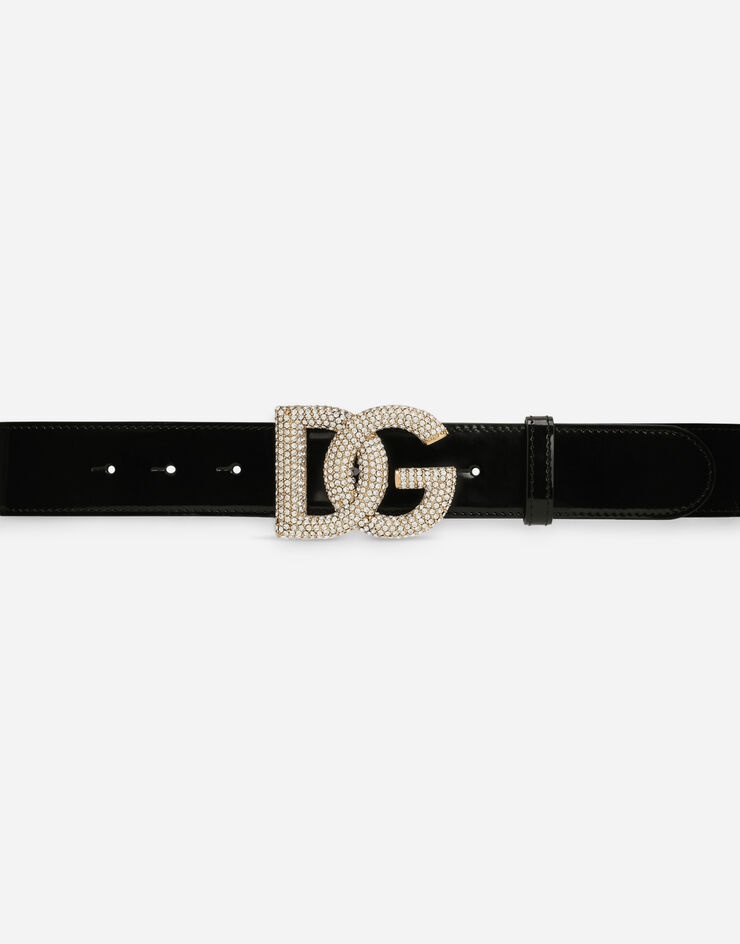 Polished calfskin belt with crystal DG logo - 4