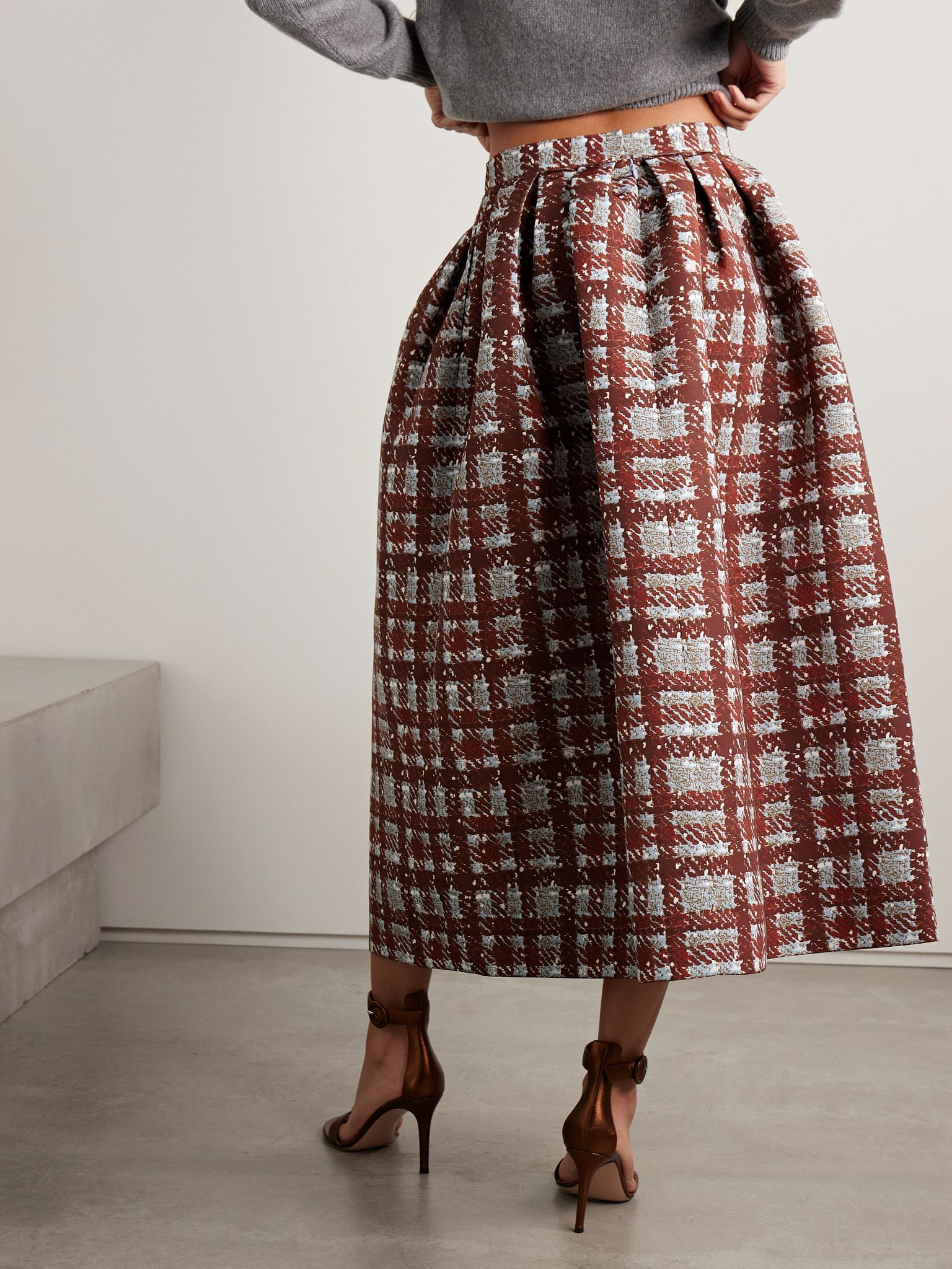 Pleated checked faille midi skirt Burgundy - 3