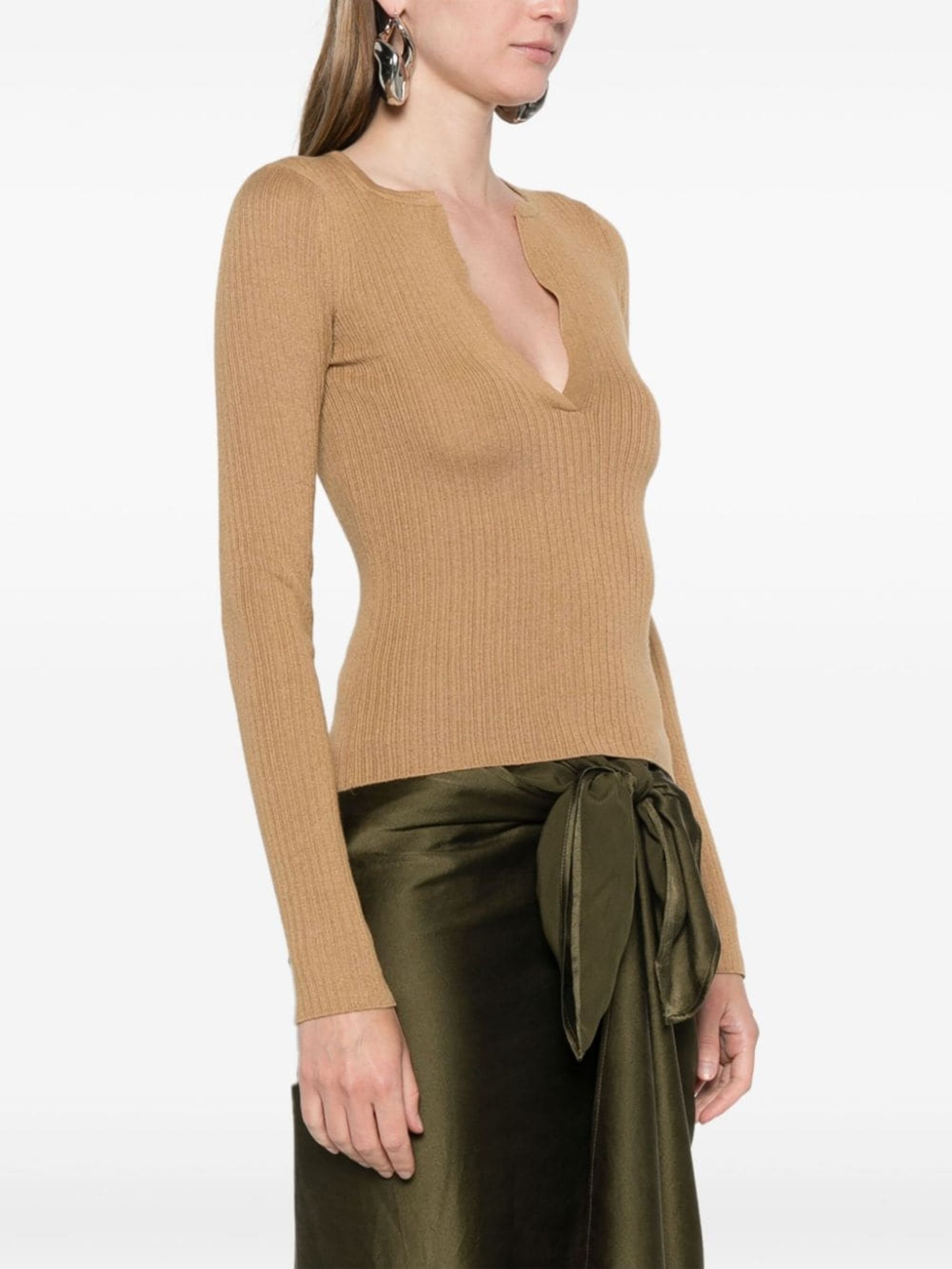 Neutral Ribbed-Knit V-Neck Sweater - 3