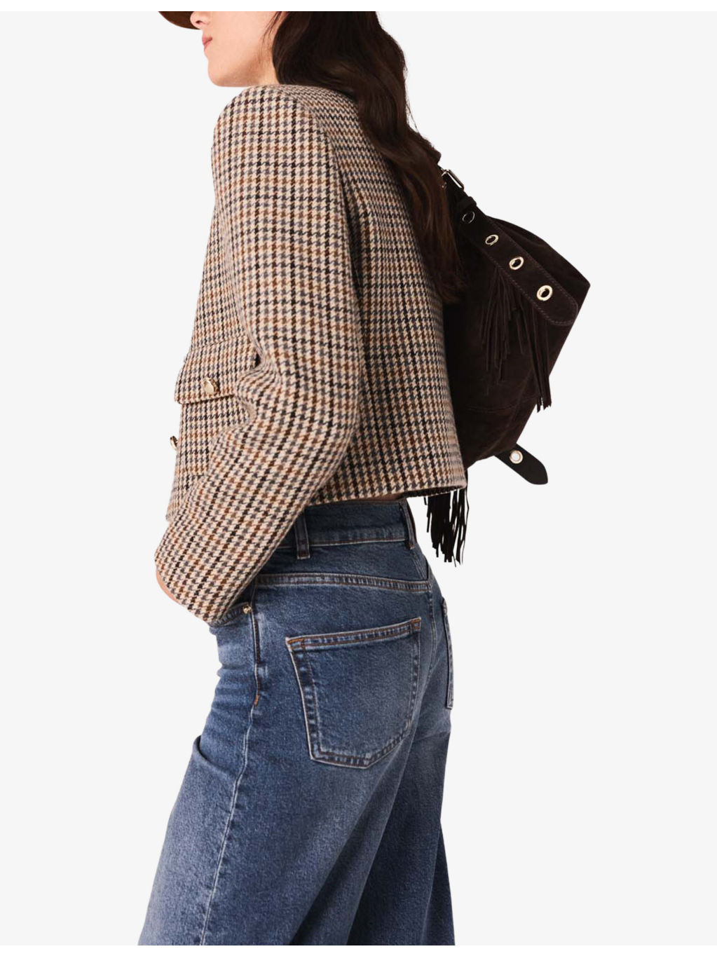 Round-Neck Short Checked Wool-Blend Jacket - 3