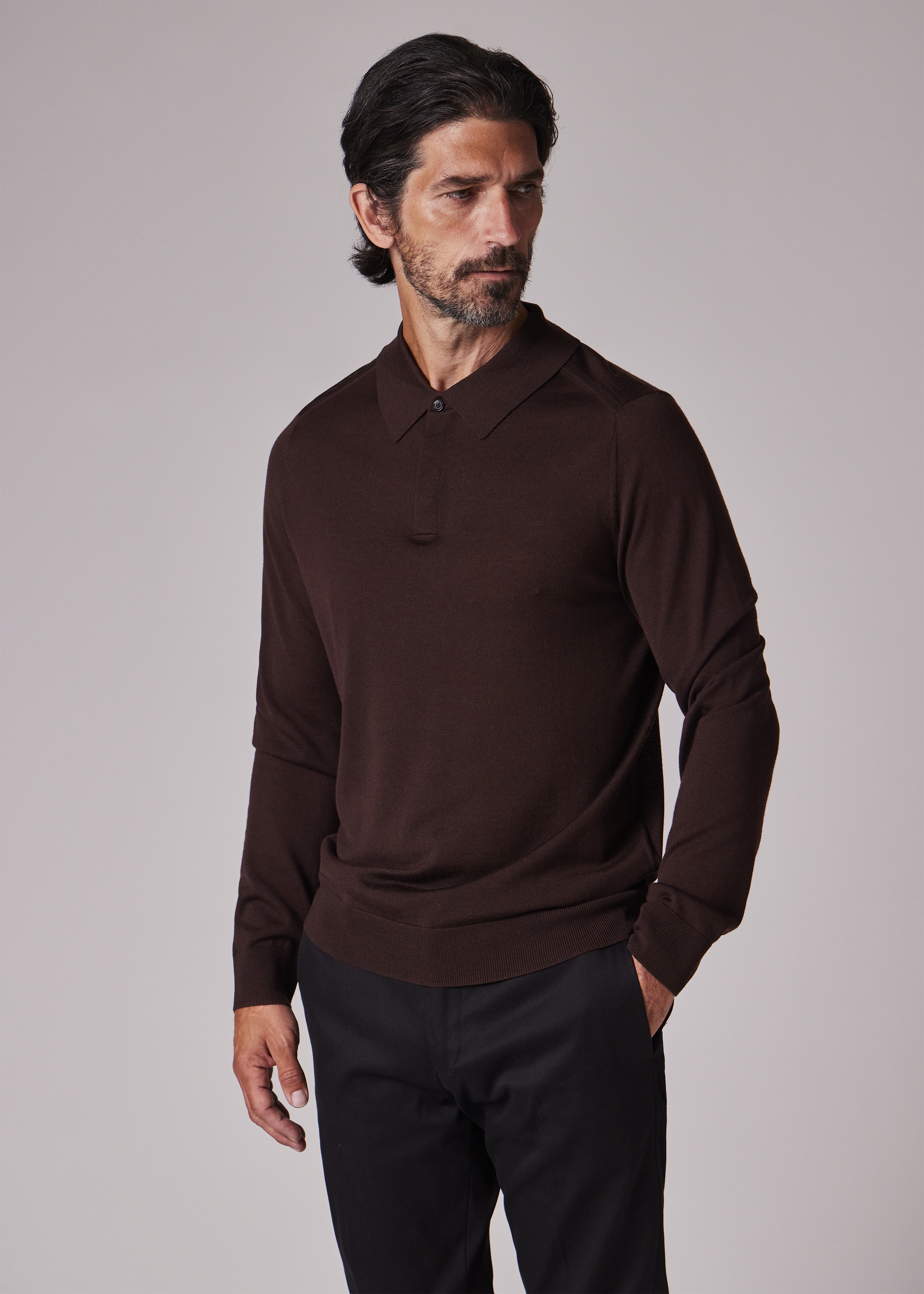 Burgundy Merino Wool Knitted Long-Sleeve Polo Shirt - 3