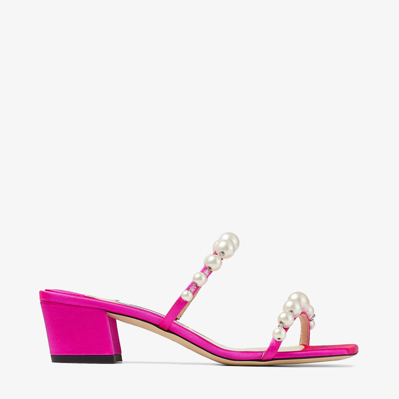 Amara 45 Fuchsia Satin Mules with Pearl Embellishment - 1