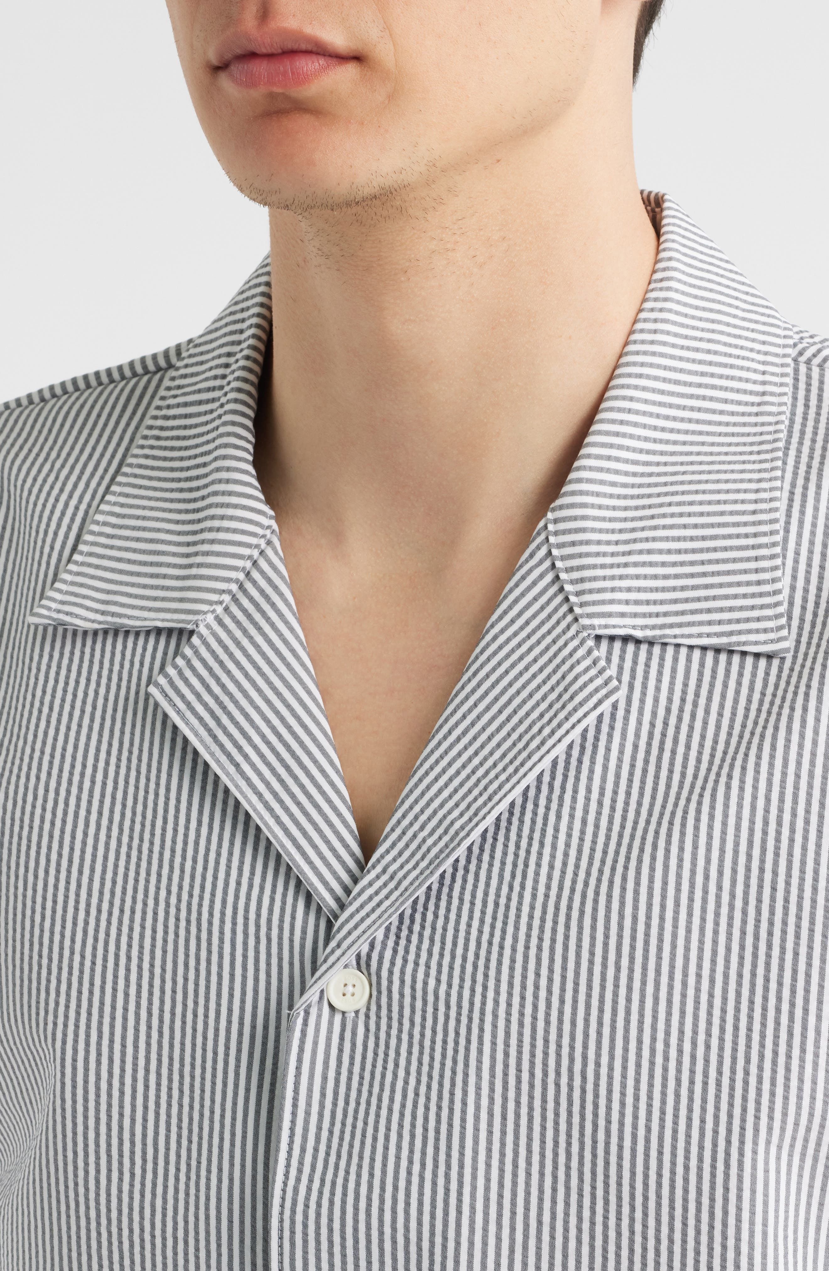 BOSS Velvetfish Stripe Seersucker Camp Shirt in Navy at Nordstrom - 4