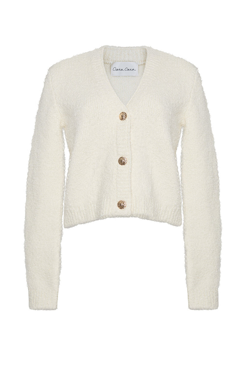 Nola Boucle Cardigan V-Neck Long Sleeve Cardigan with Gold Buttons and a Relaxed Fit in Textured Yar 1