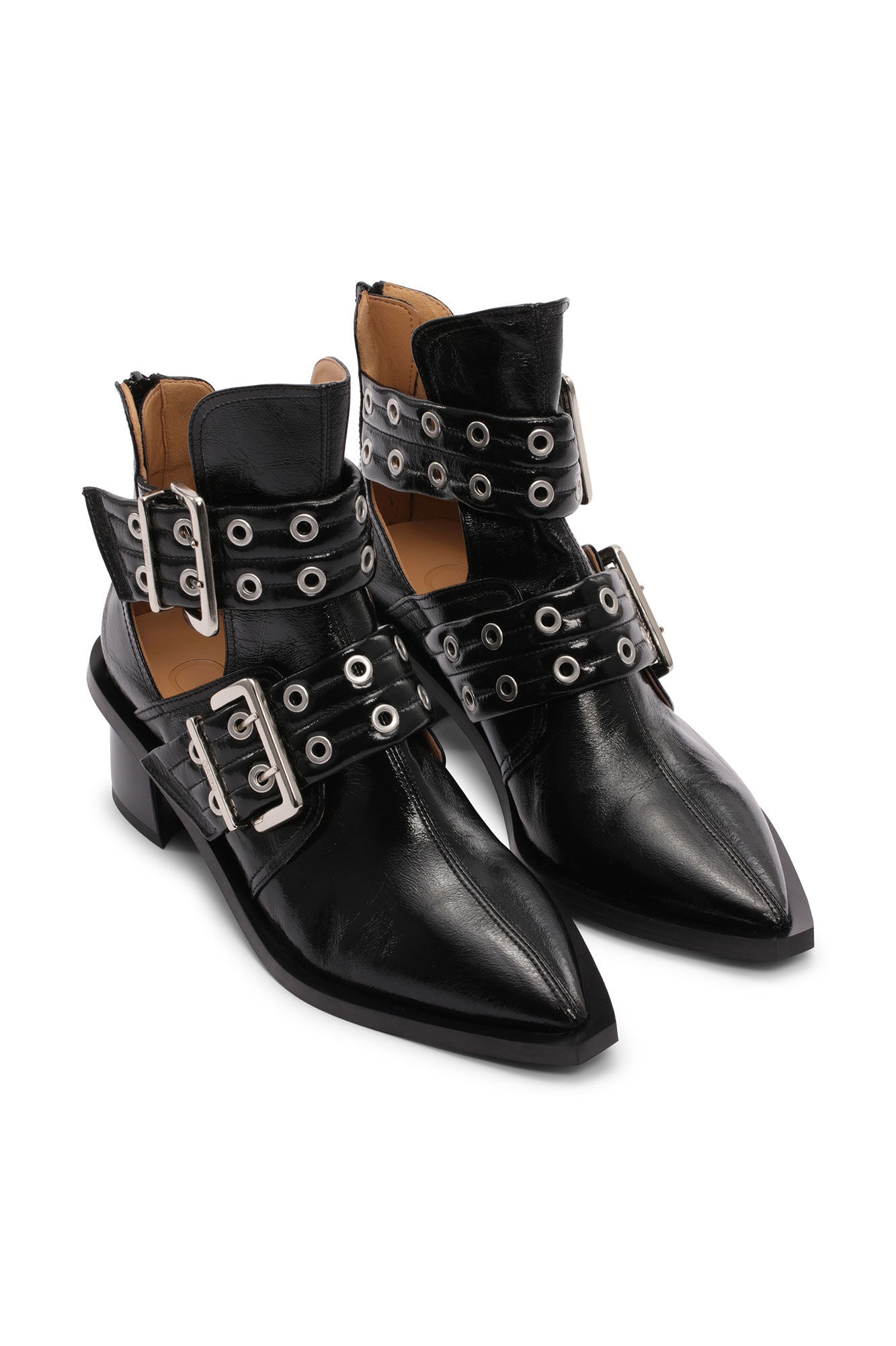 GANNI BLACK CHUNKY BUCKLE OPEN CUT BOOTS | REVERSIBLE