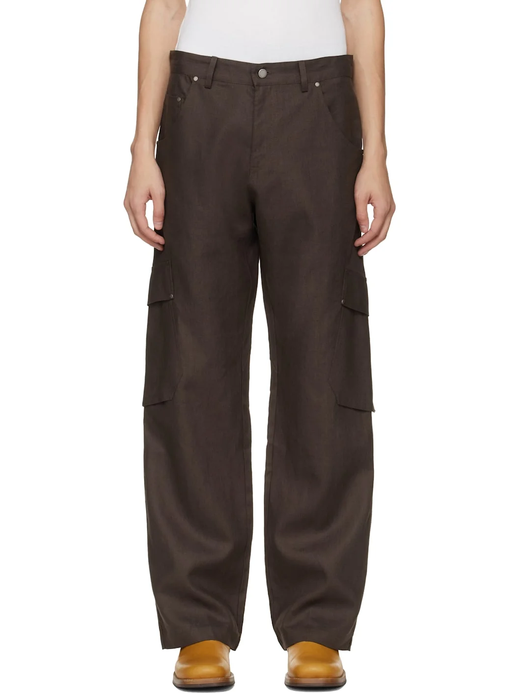 Brown Riveted Linen Cargo Pants - 1