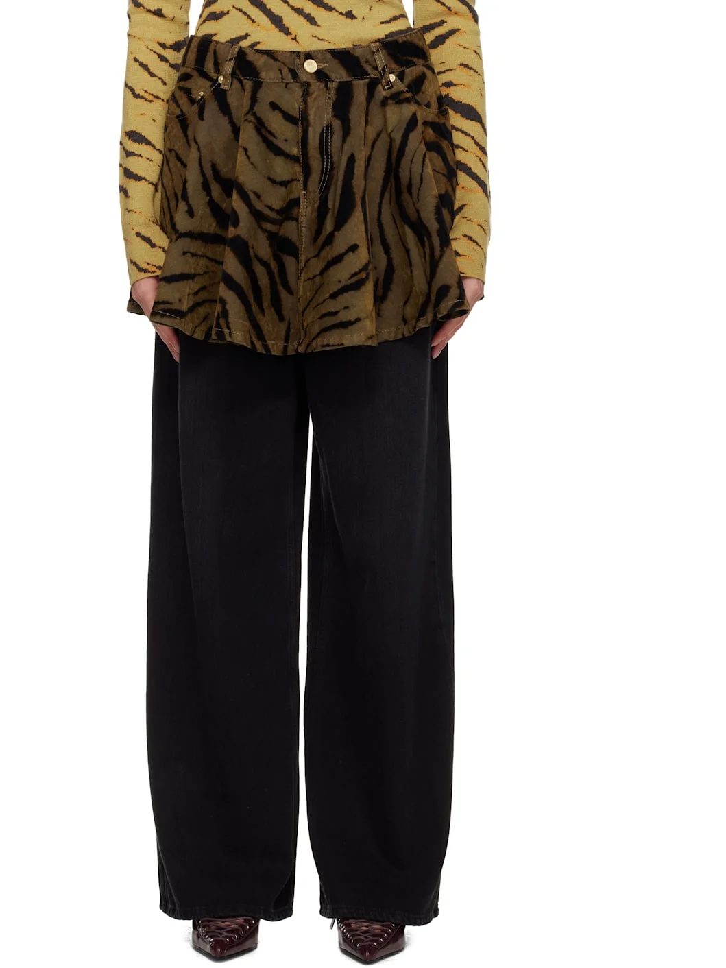 Khaki & Black Printed Flocked Denim Miniskirt - 1