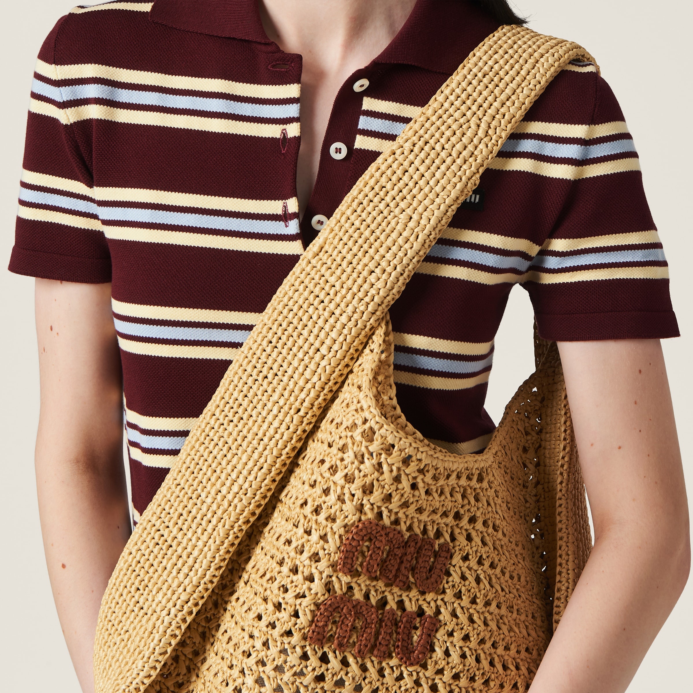 トートバッグ MiuMiu | Woven fabric hobo bag 5BC116_2DO1_F0A5T_V_OOM White/beige Woven Fabric Hobo Bag | Miu Miu