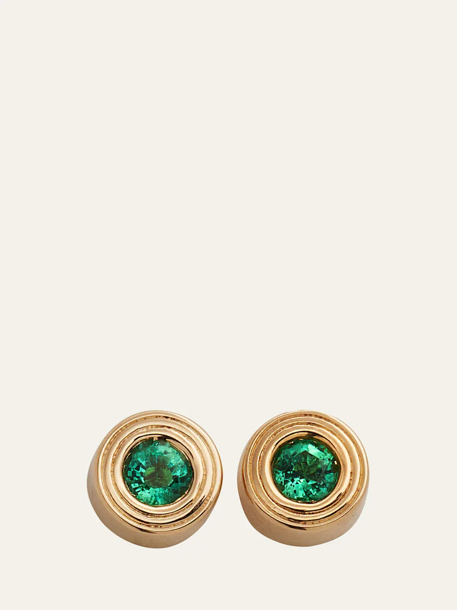 14k Yellow Gold Fluted Emerald Stud Earrings - 1