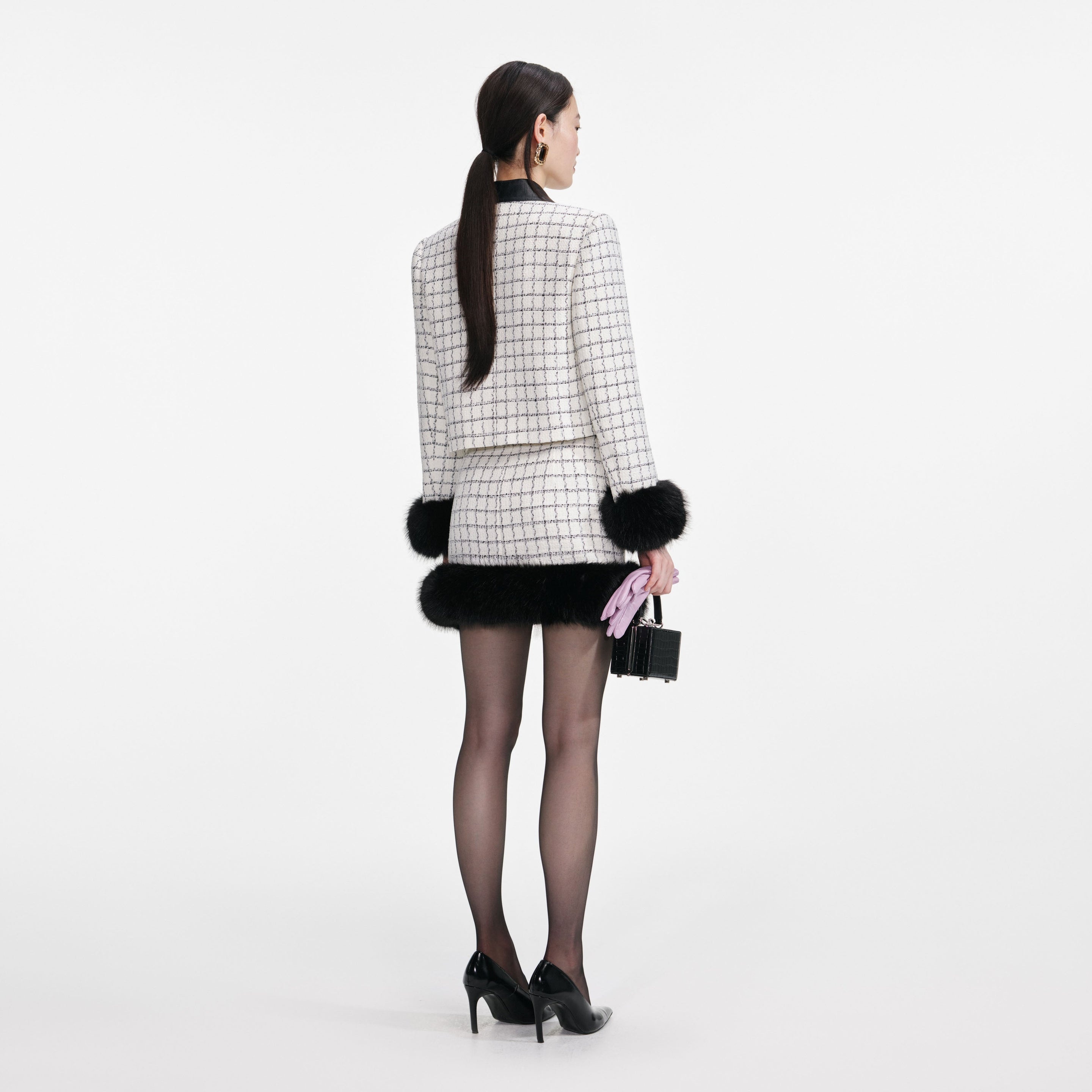Check Boucle Fur Hem Mini Skirt - 3