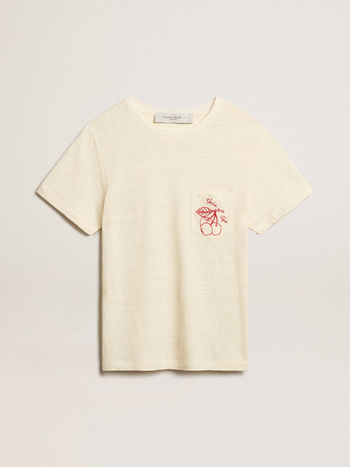 Women’s cotton T-shirt in aged white with embroidered pocket - 1