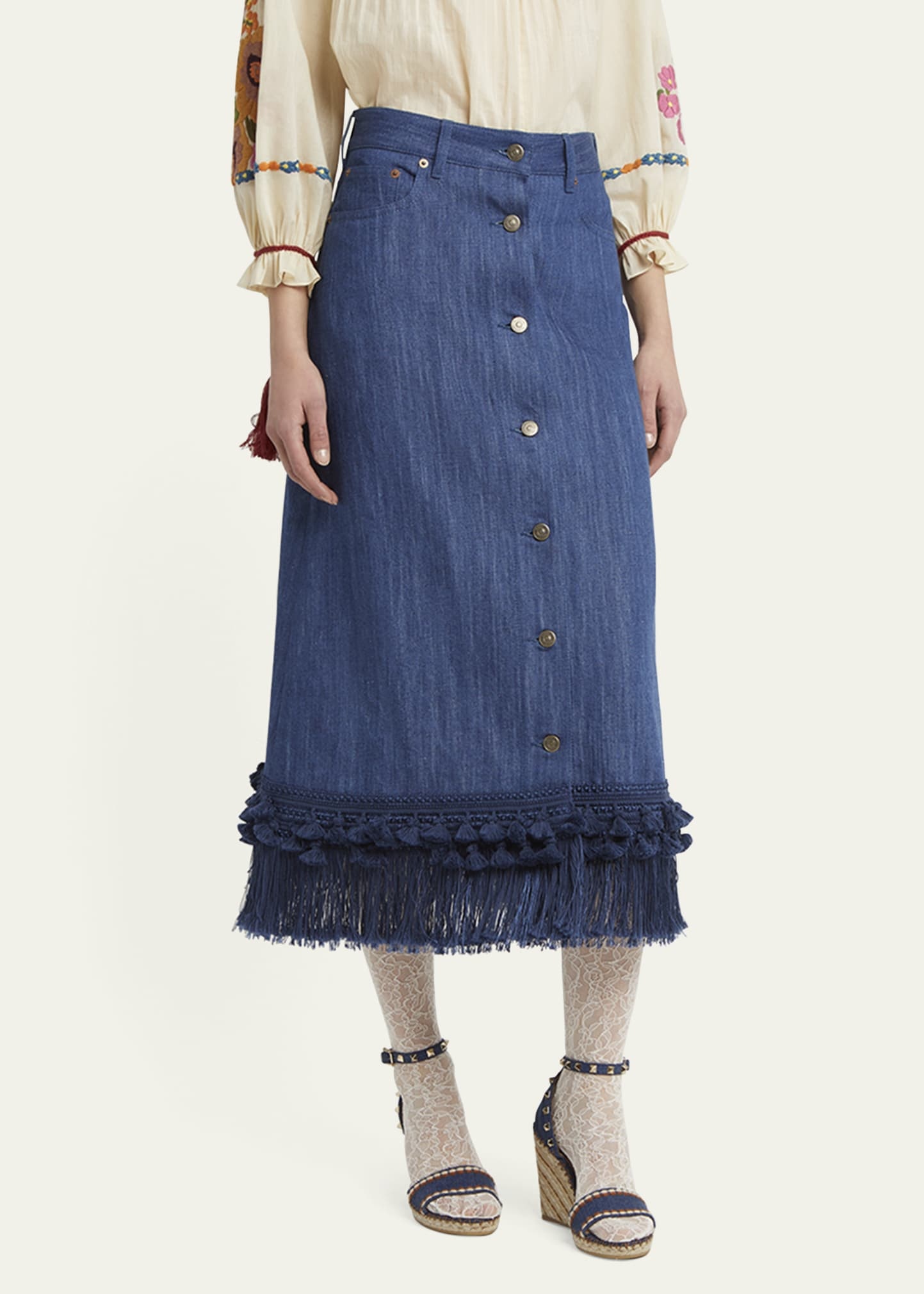 Tassel Button-Fly Denim Skirt - 4
