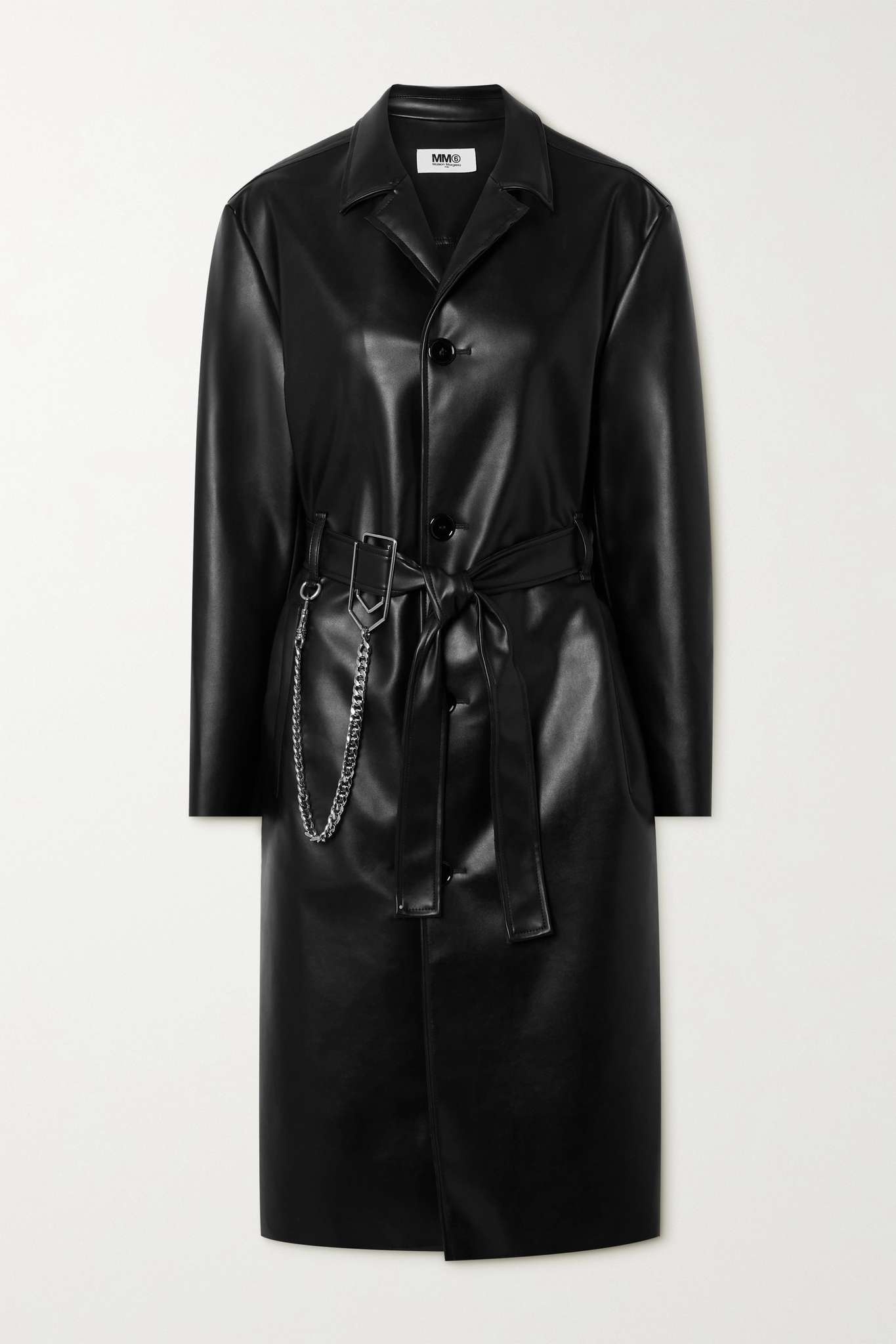 Chain-embellished belted faux leather trench coat - 1