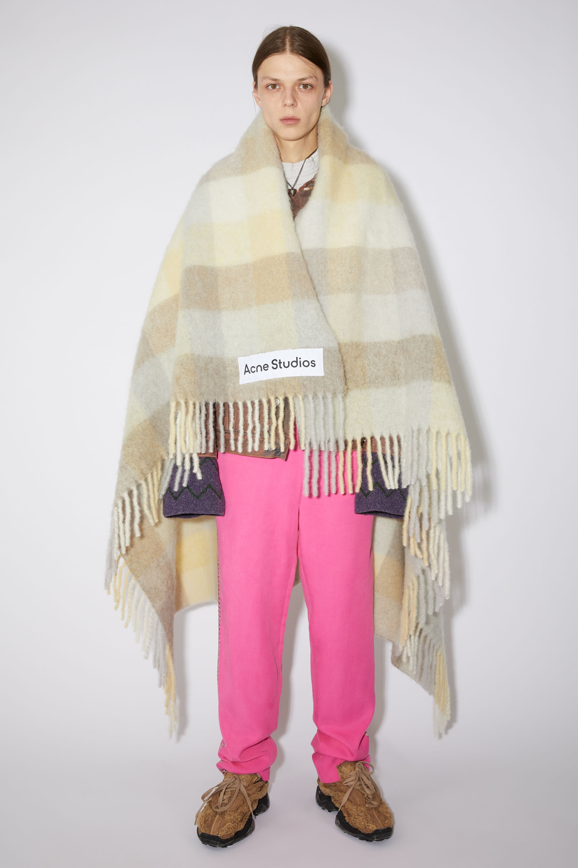 Check alpaca blend blanket scarf - Pale yellow/beige/grey - 3