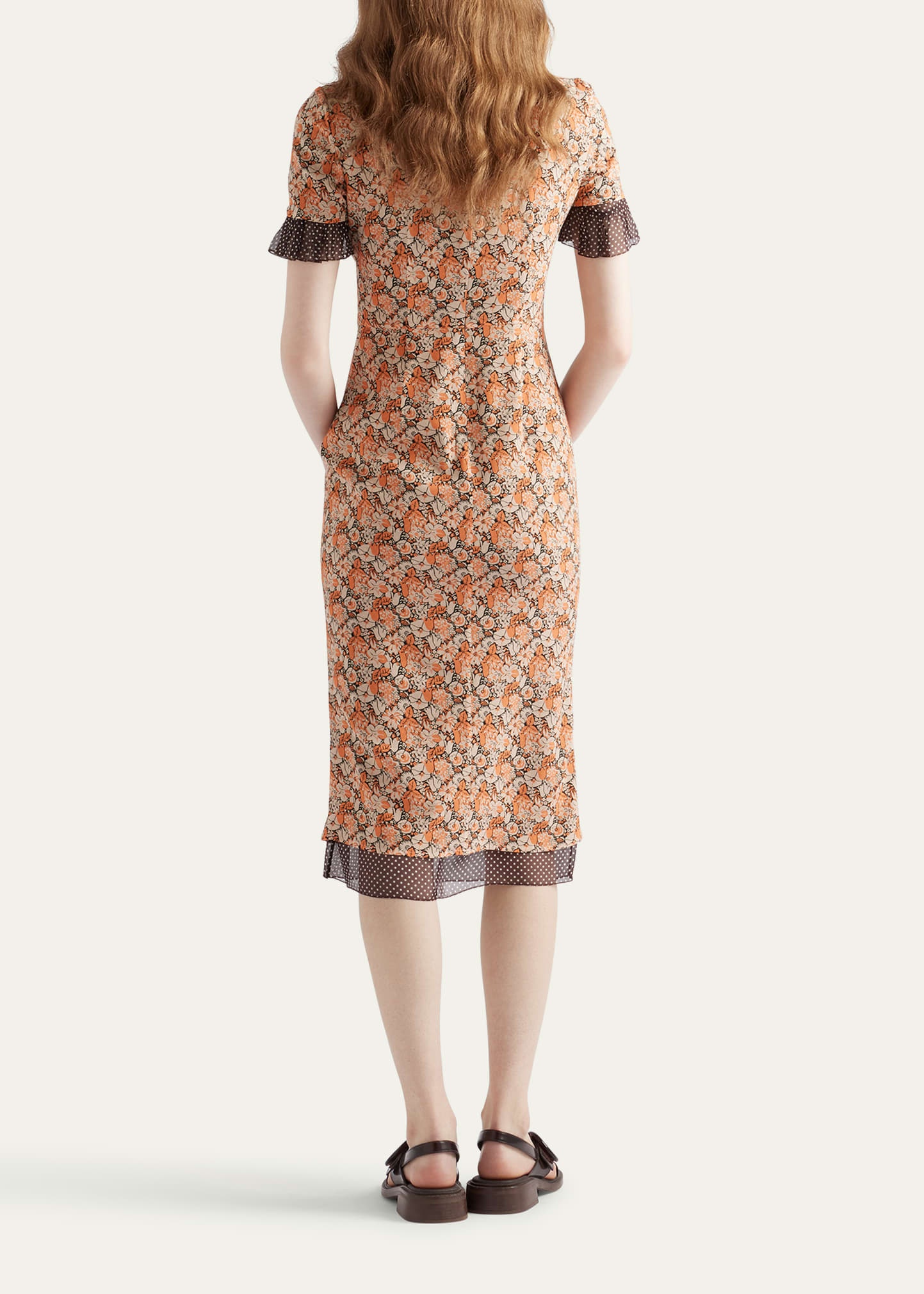 Floral Georgette And Polka-Dot Chiffon Layered Midi Dress With Bow - 3