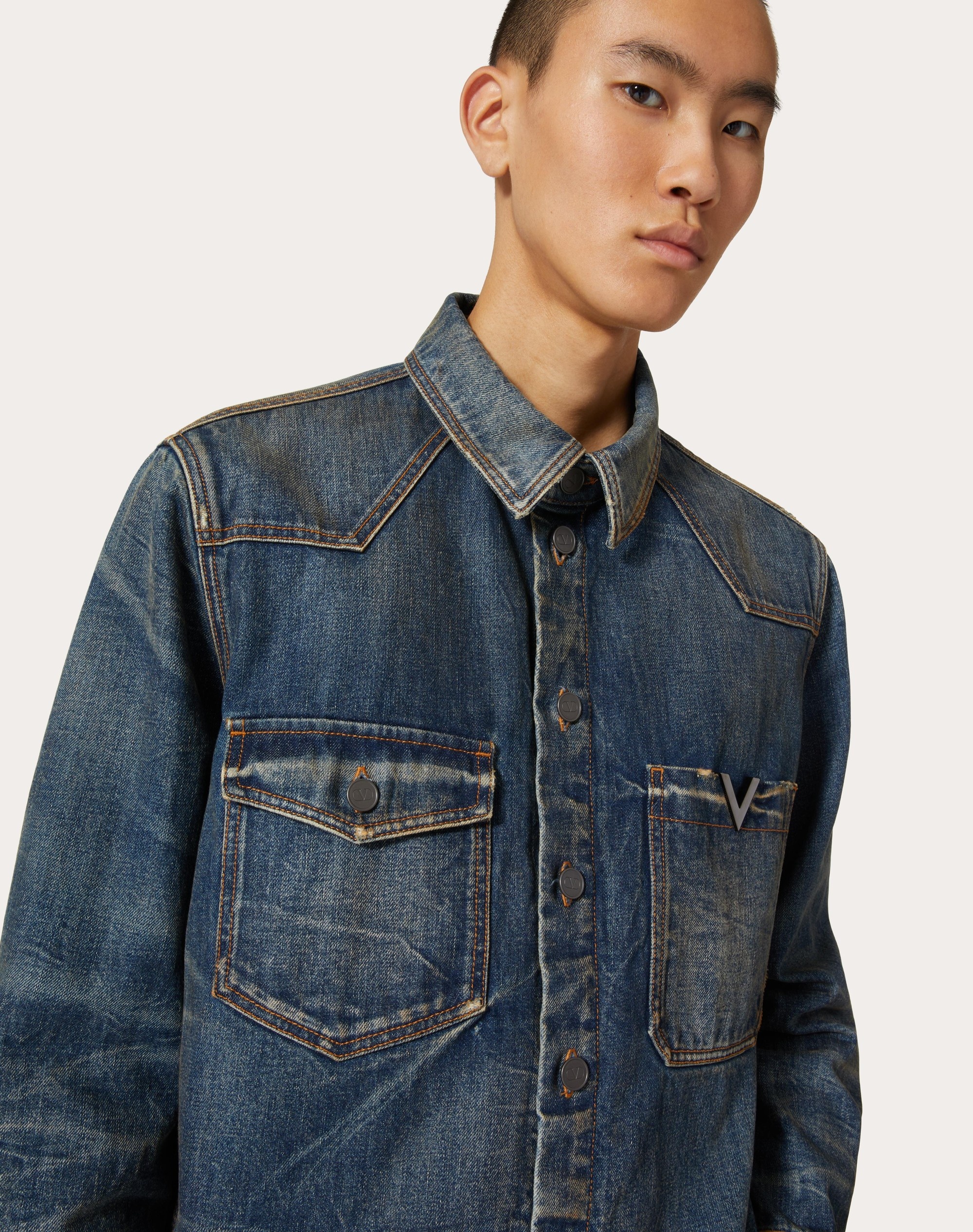 DENIM SHIRT WITH METALLIC V DETAIL - 5