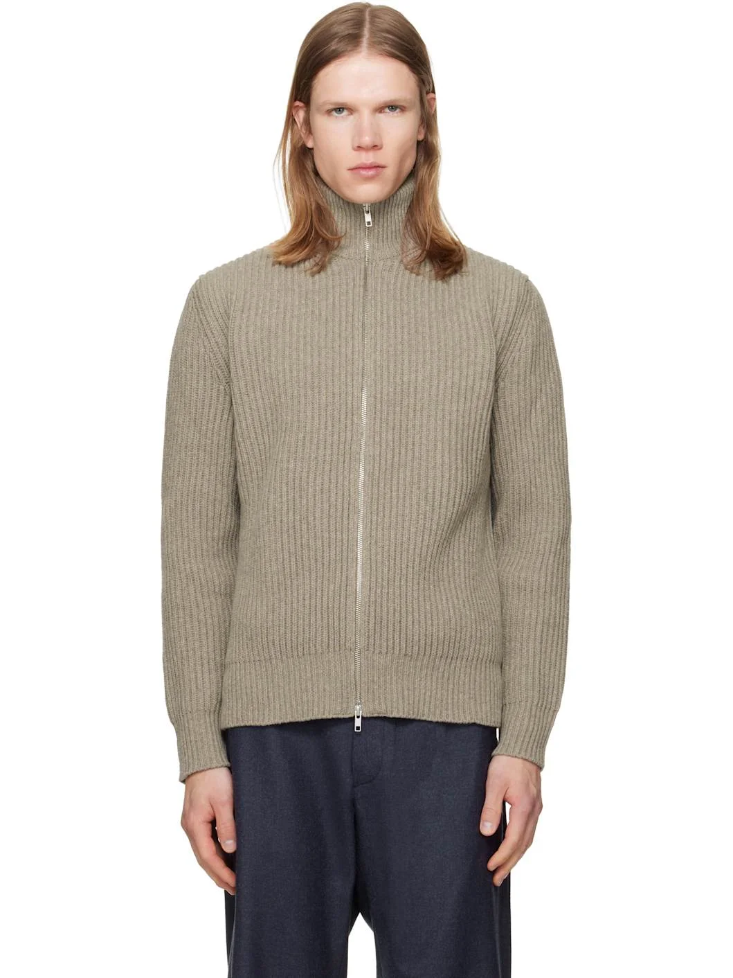 Beige Ribbed Knit Sweater - 1