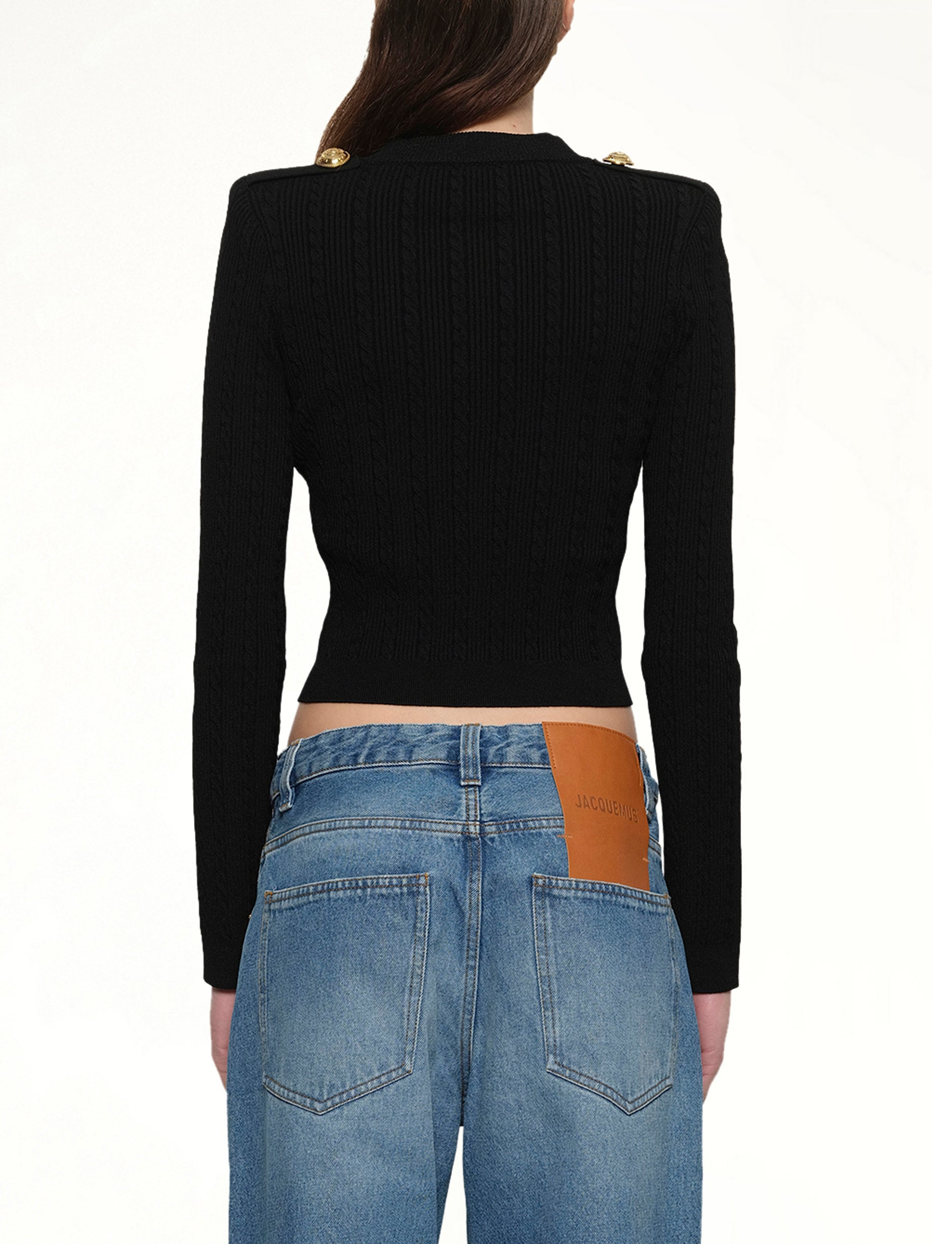 LS Buttoned V-Neck Torsade Knit Cardigan in Black - 5