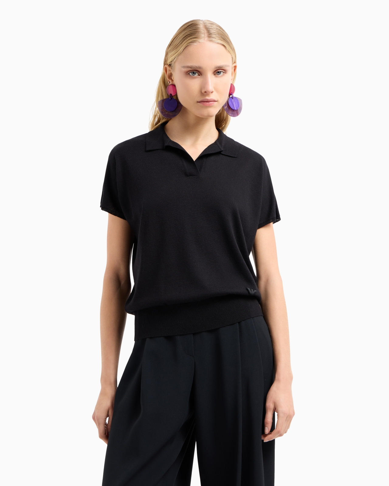 Polo-shirt collar jumper in a decrease stockinette stitch virgin-wool and silk blend - 2