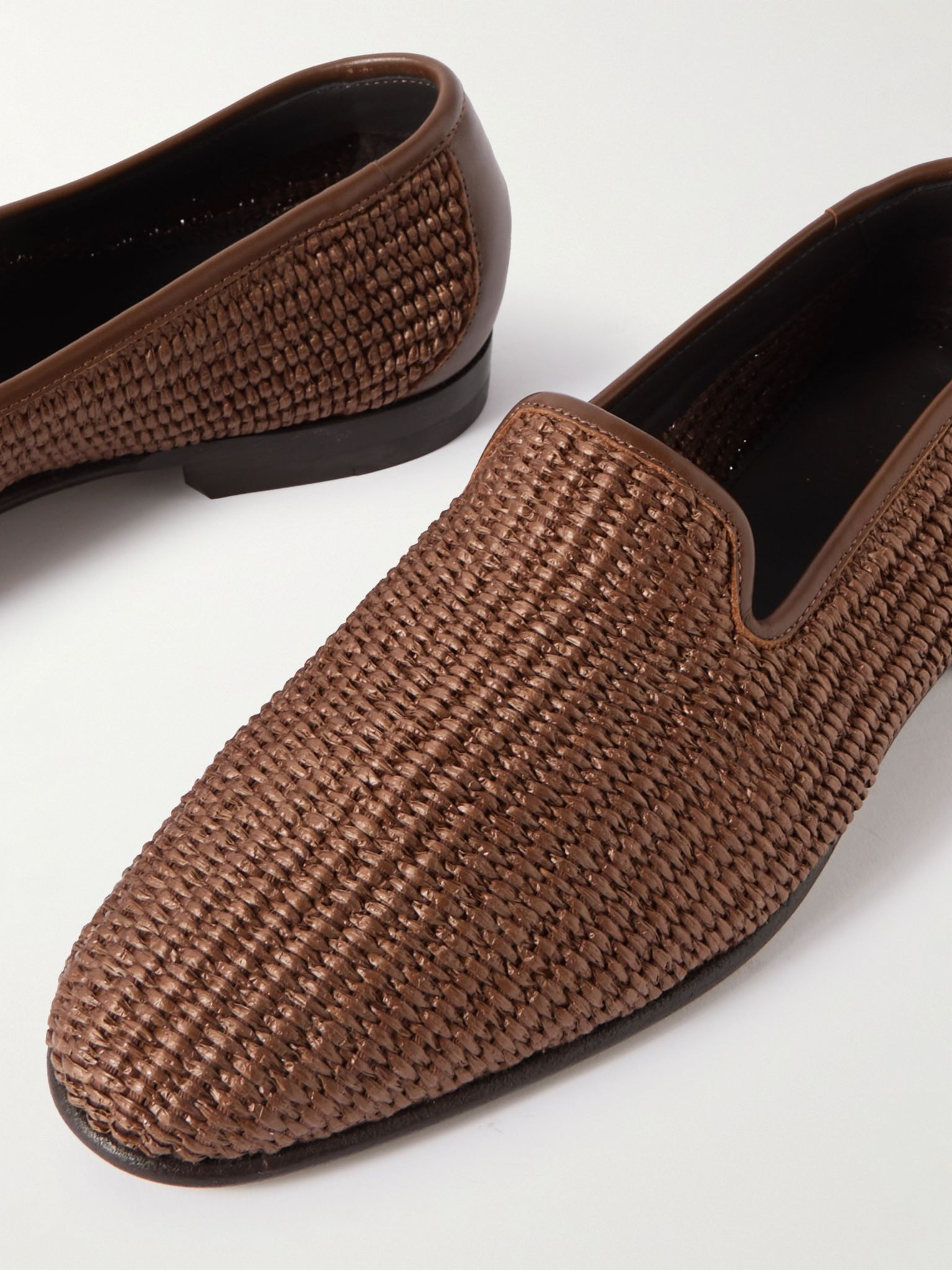 Mario Leather-Trimmed Raffia Loafers Dark brown - 6