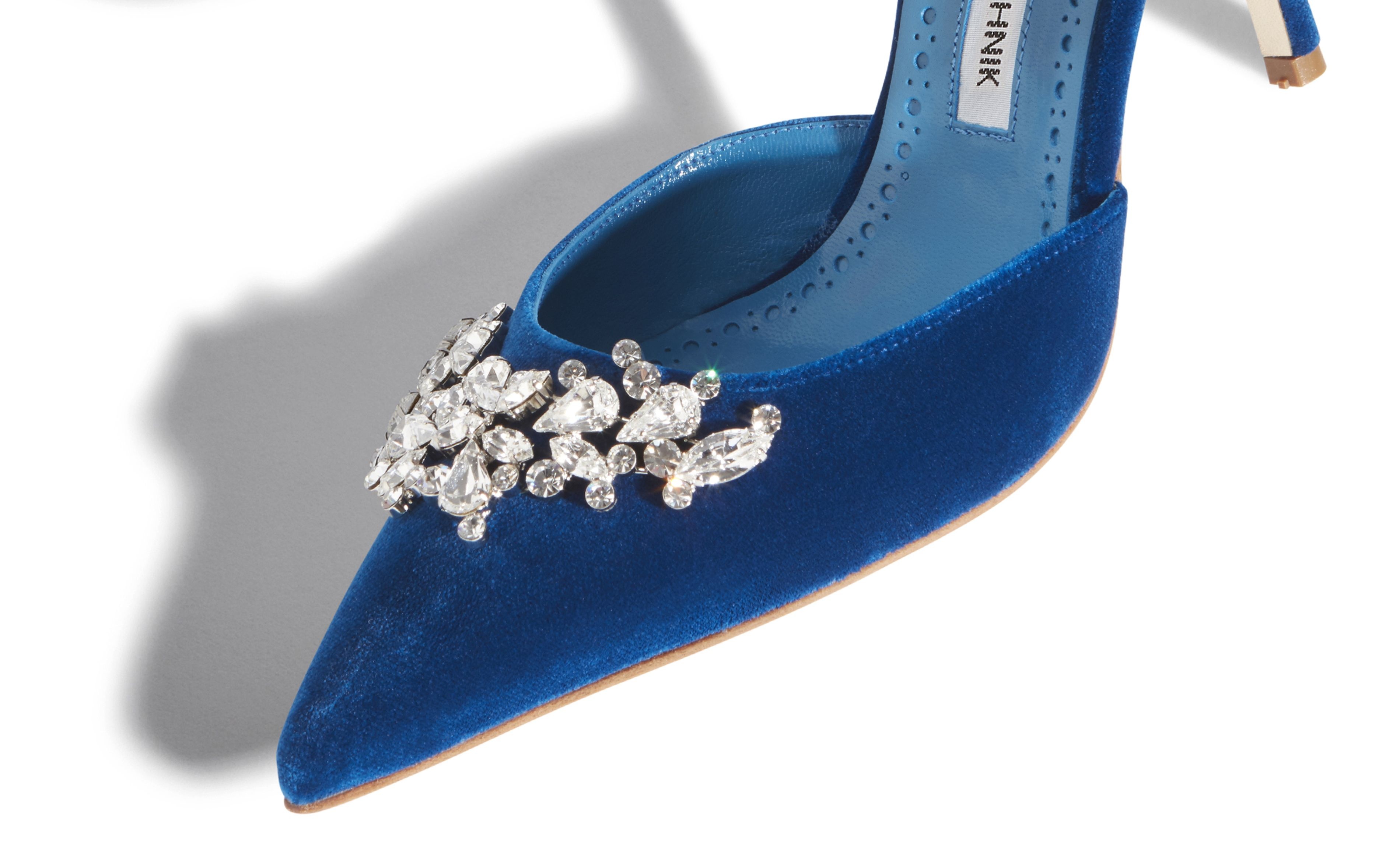 Bright Blue Velvet Crystal Embellished Mules - 4