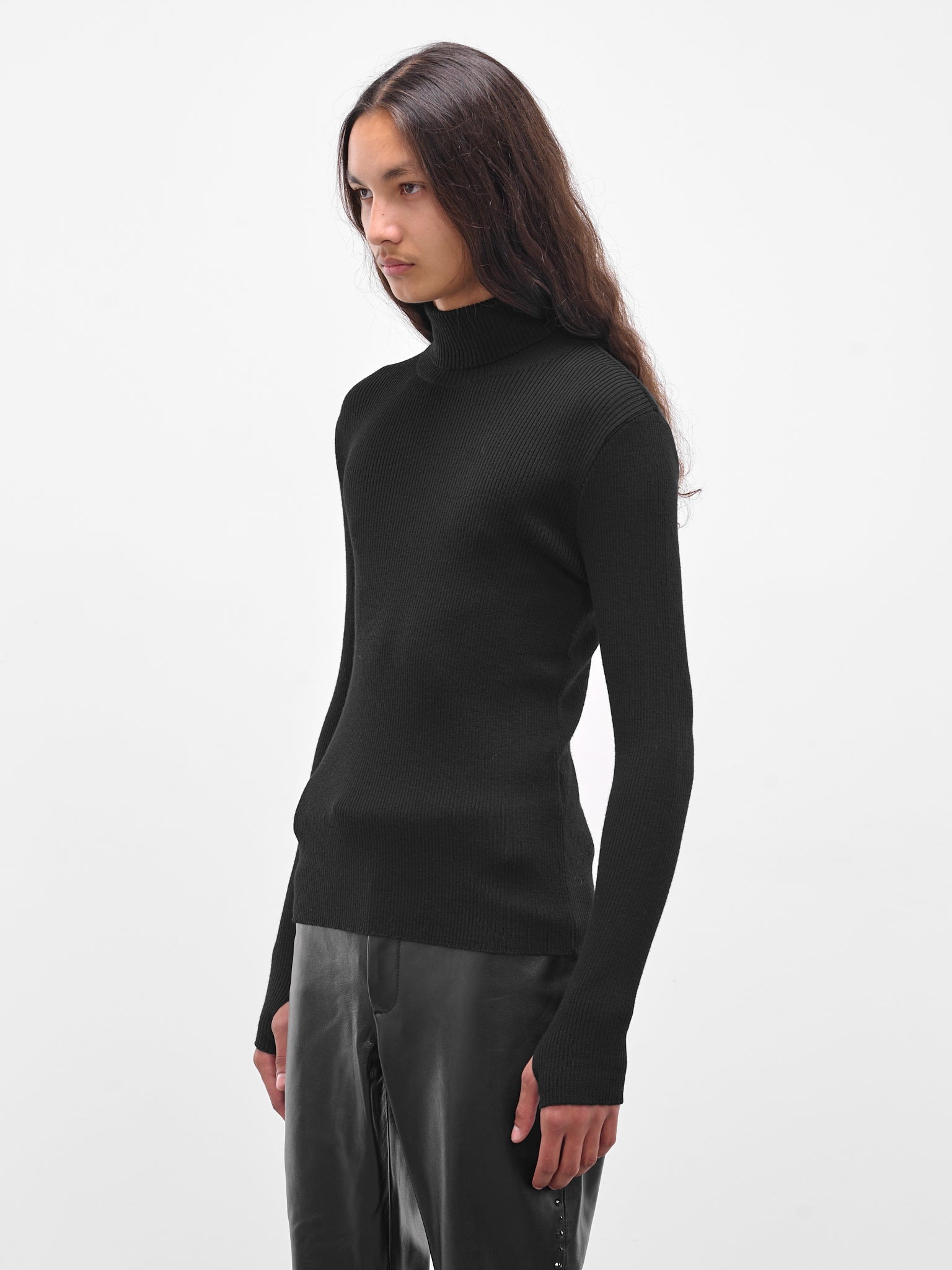 Black Wool Rib-Knit Turtleneck - 2