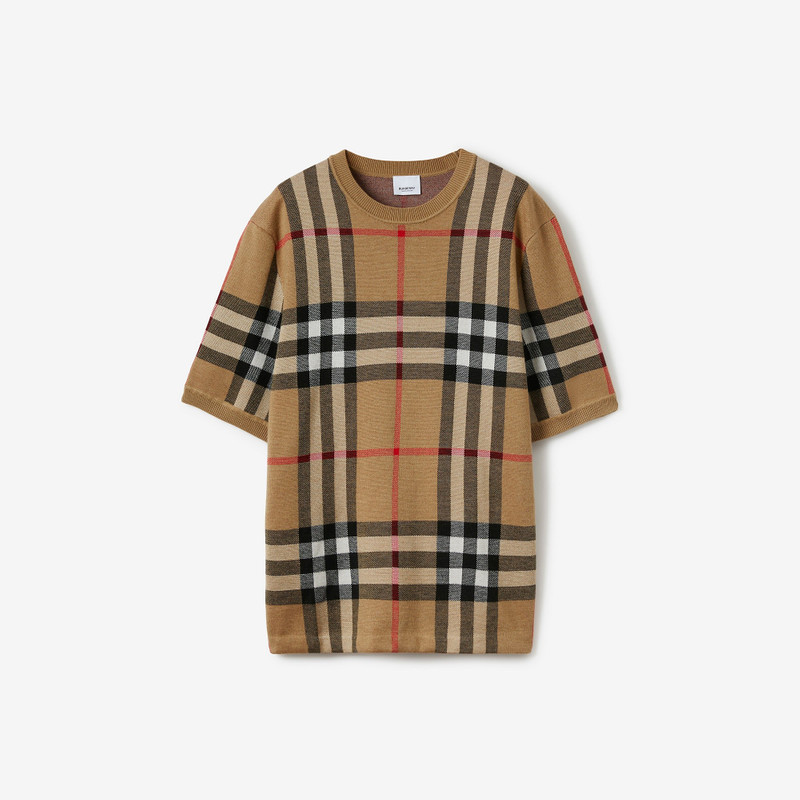 Short-sleeve Check Silk Wool Jacquard Top 1