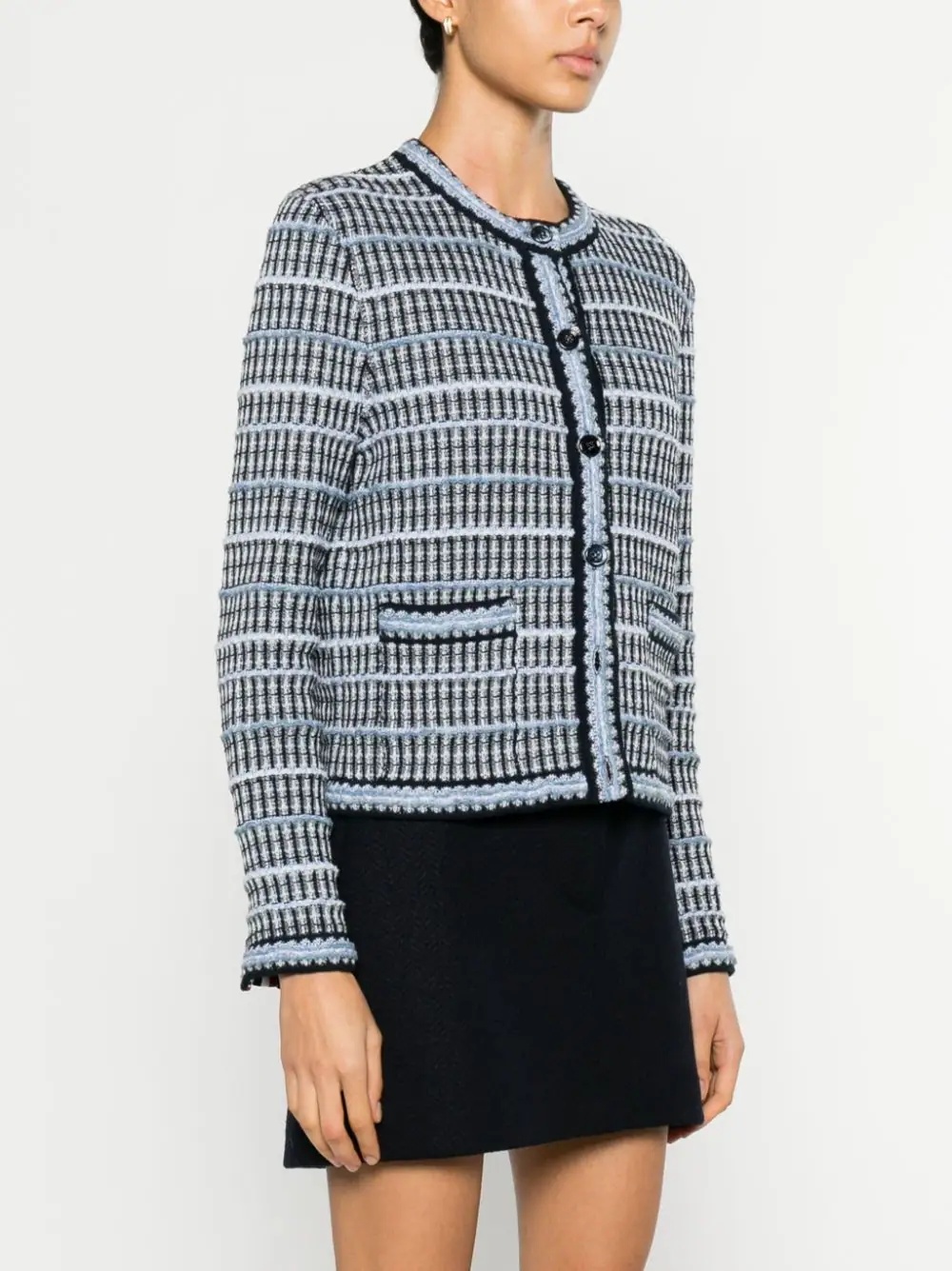 Inlay Tweed Jacquard Crew Neck Cardigan - 3